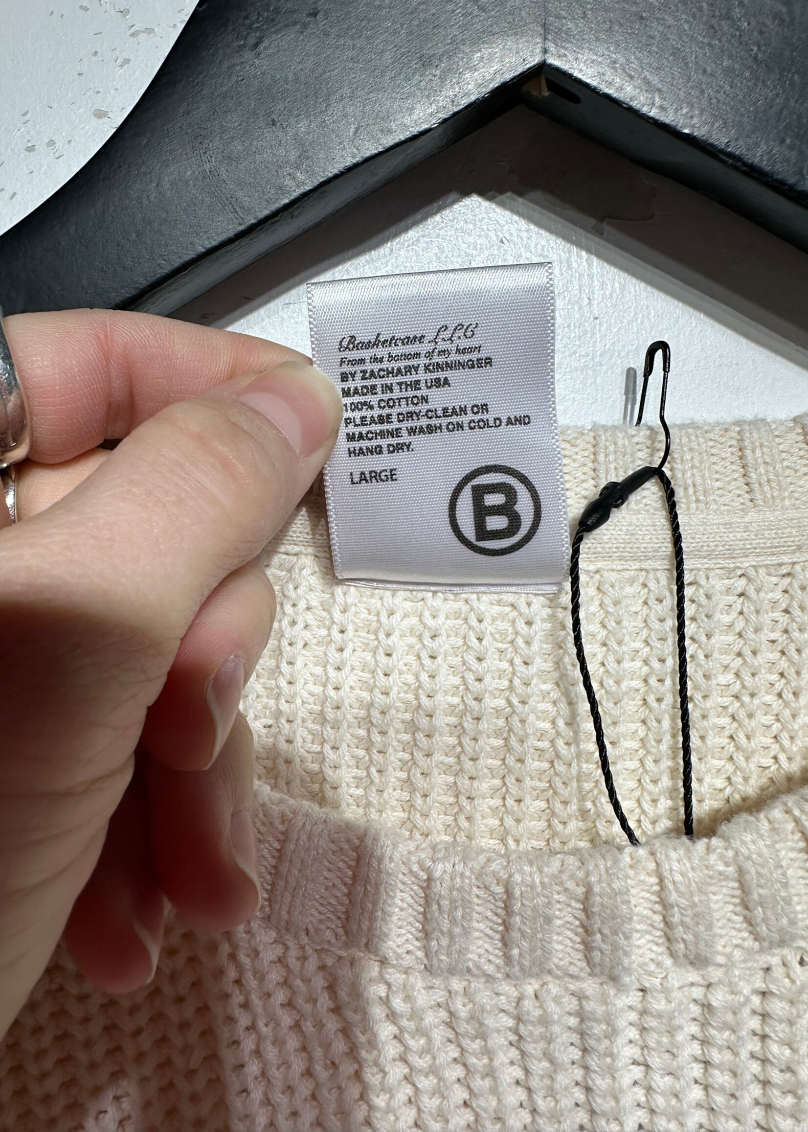 Basketcase Beige Sleeve Print Knit Sweater L