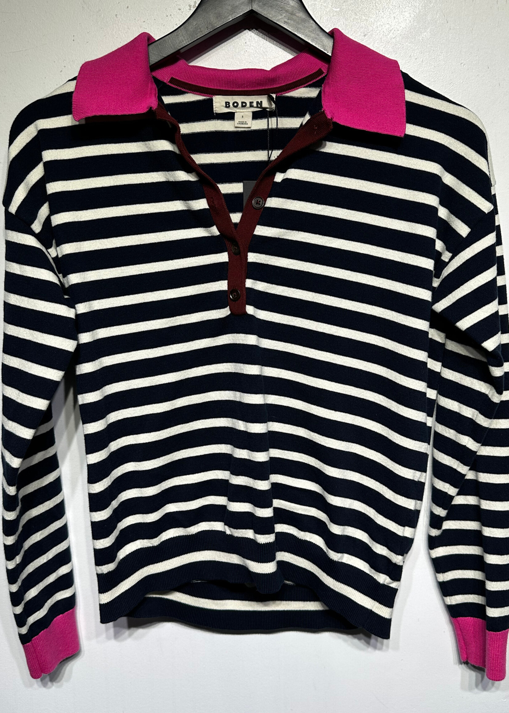 Boden Navy Pink Collar Knit LS S Fem