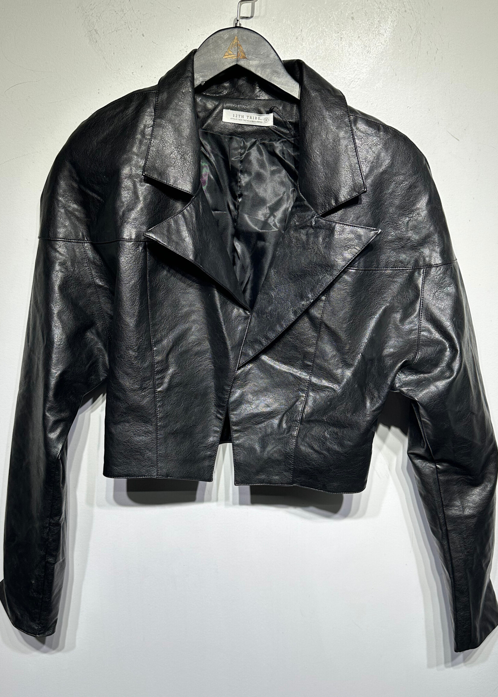 12th Tribe Black Crop Faux Leather Blazer S