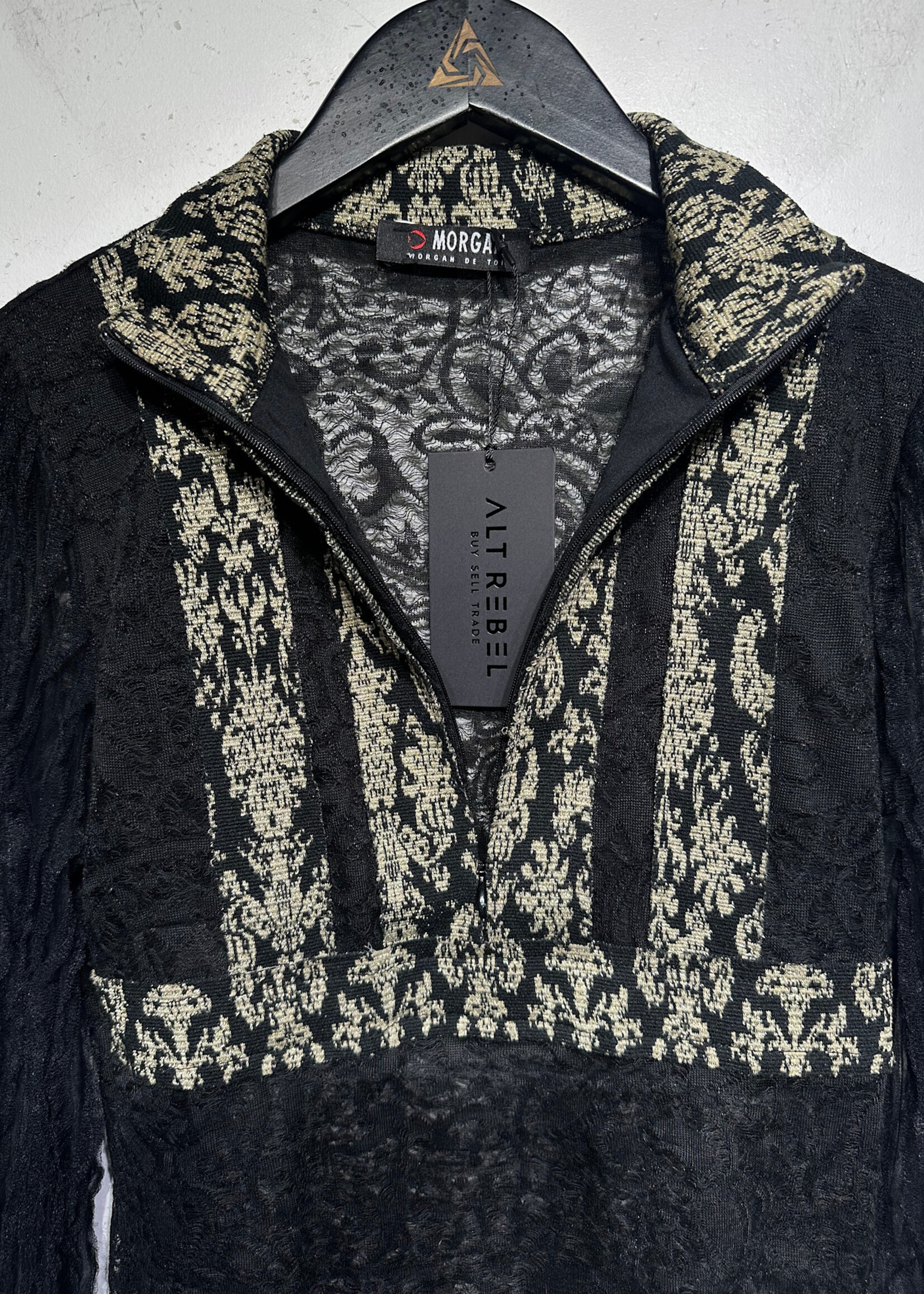 Morgan Tan Black Lace Zip Top M