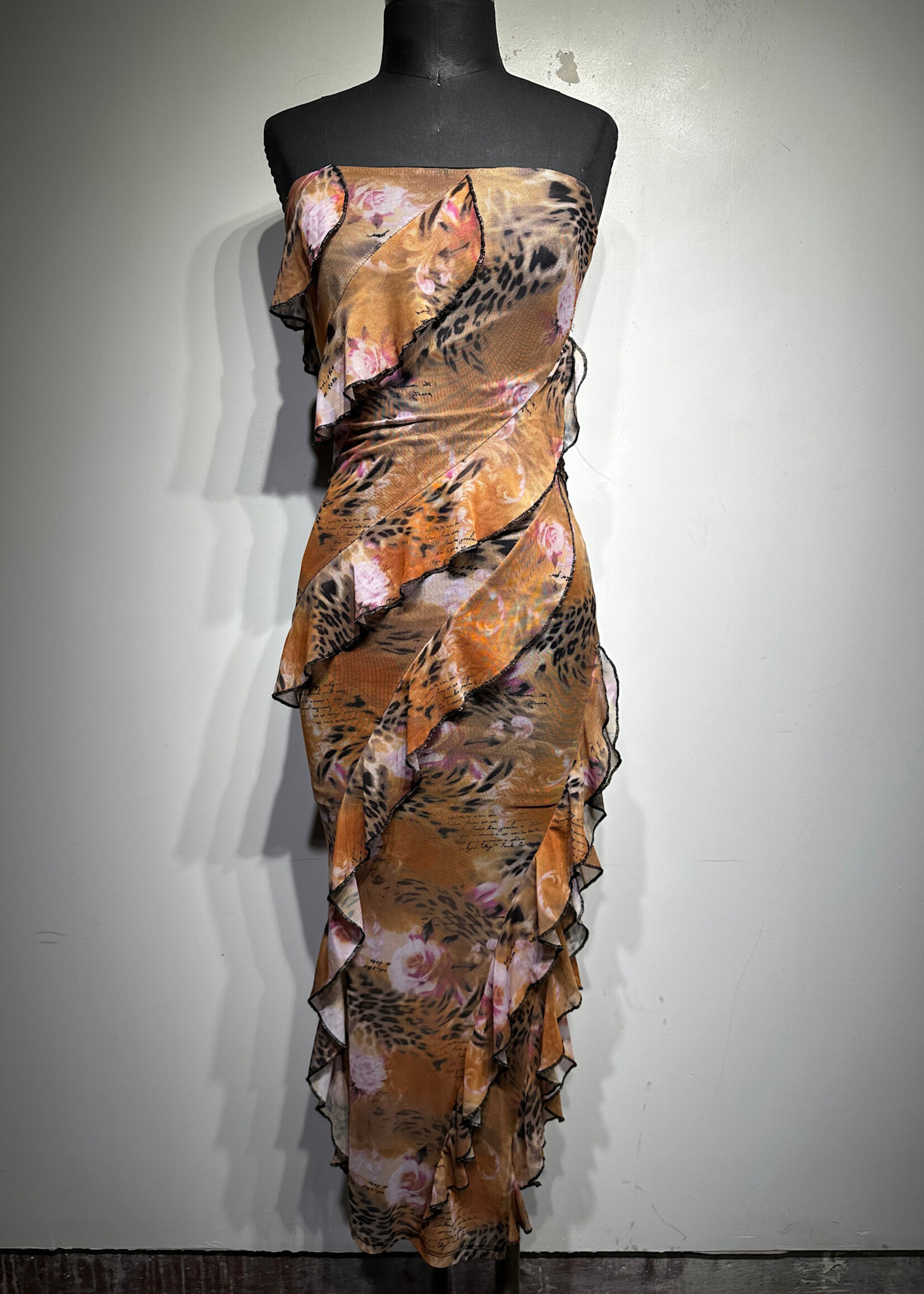 Arden Cheetah Mesh Floral Strapless Dress S
