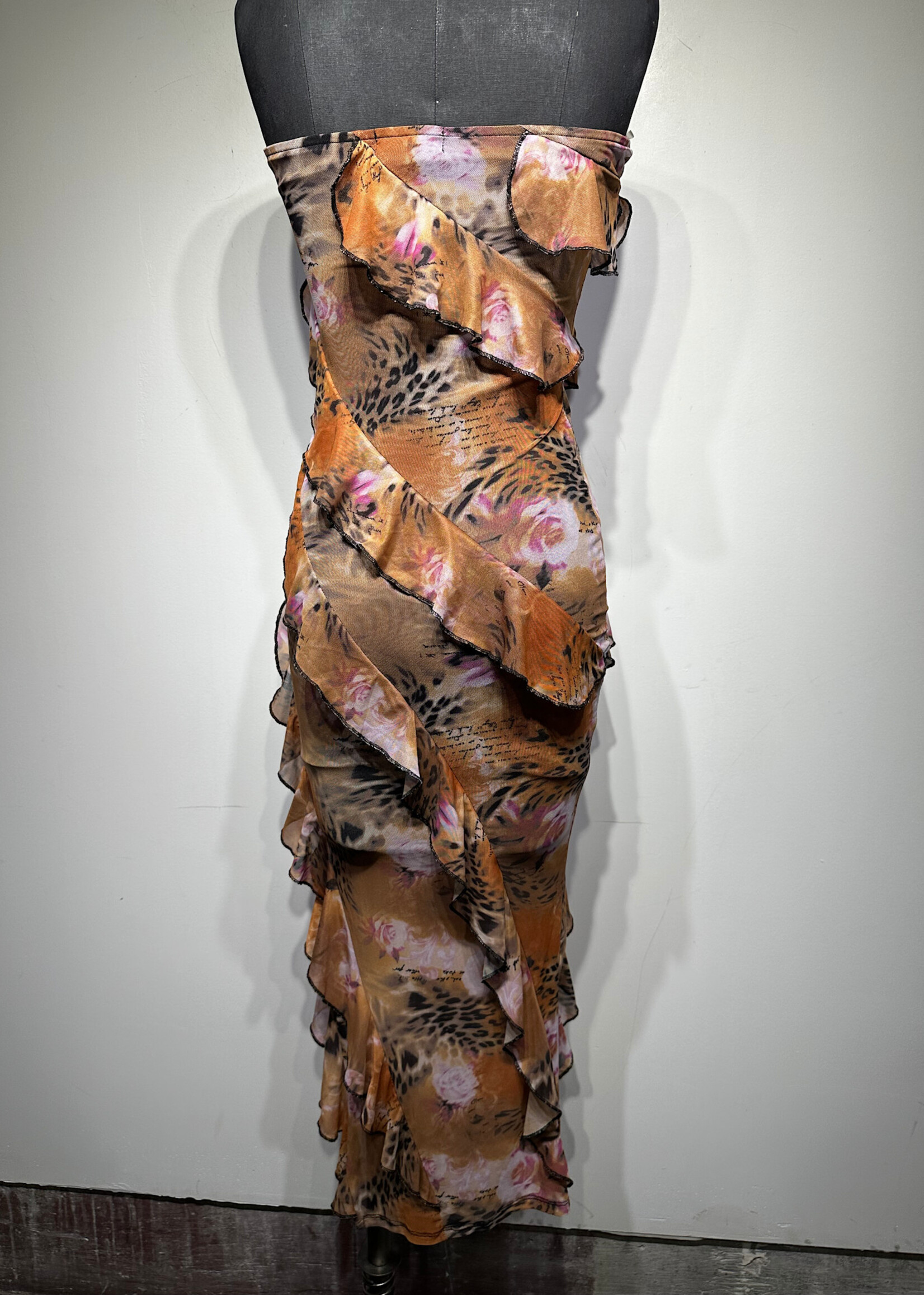 Arden Cheetah Mesh Floral Strapless Dress S