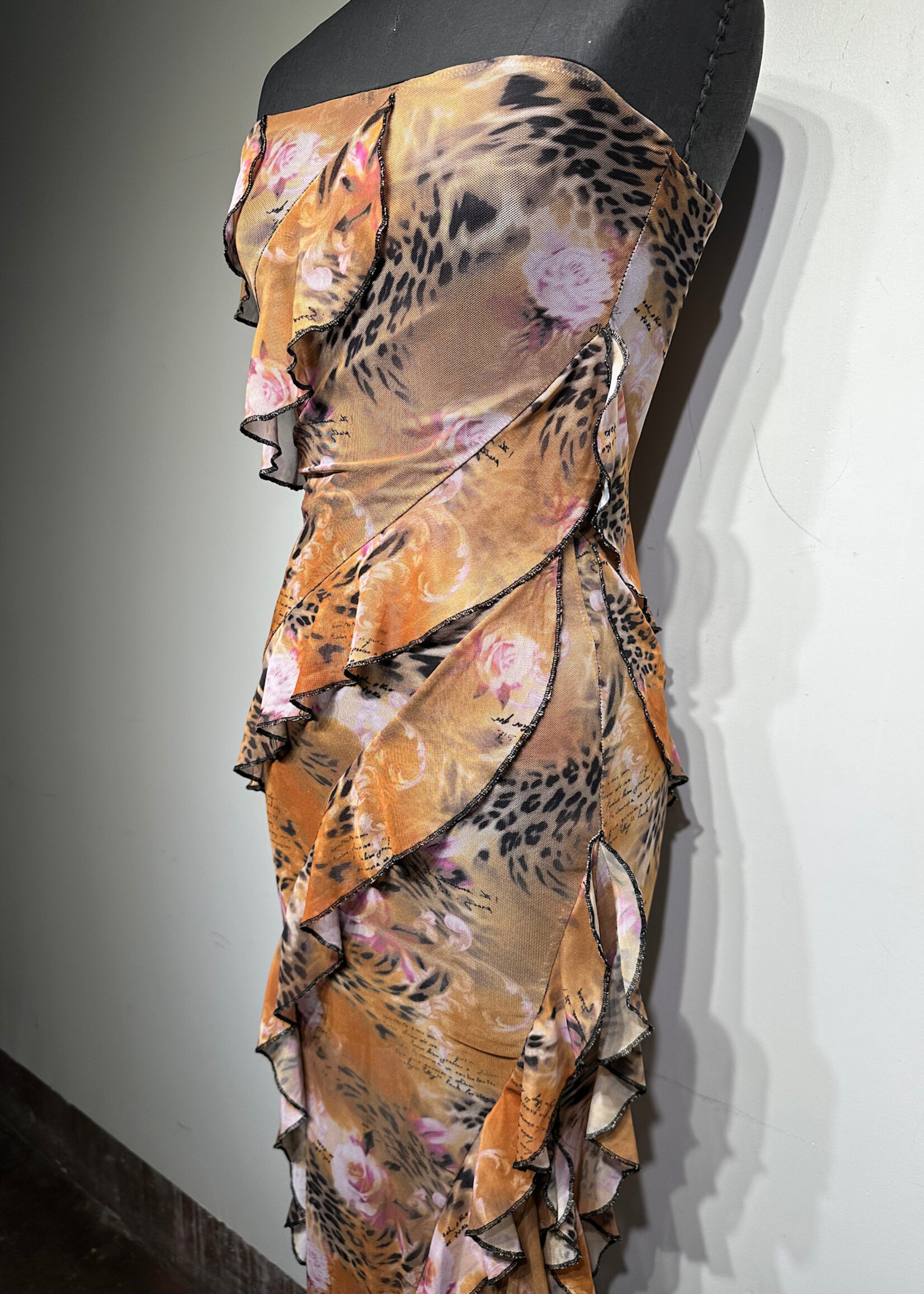 Arden Cheetah Mesh Floral Strapless Dress S