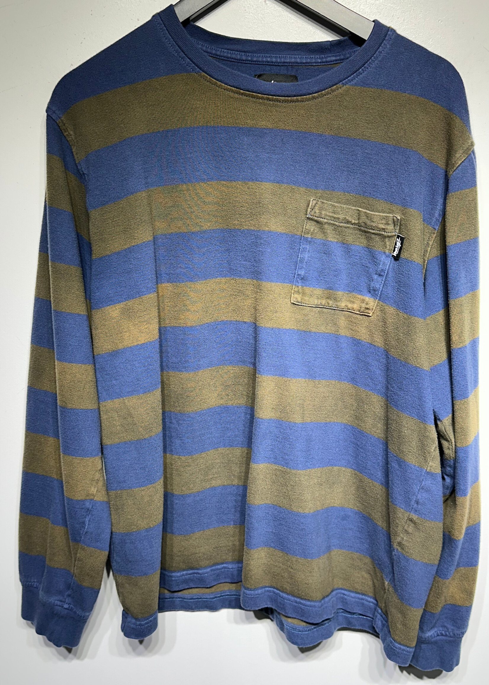 Stussy Olive Green Blue Striped LS L
