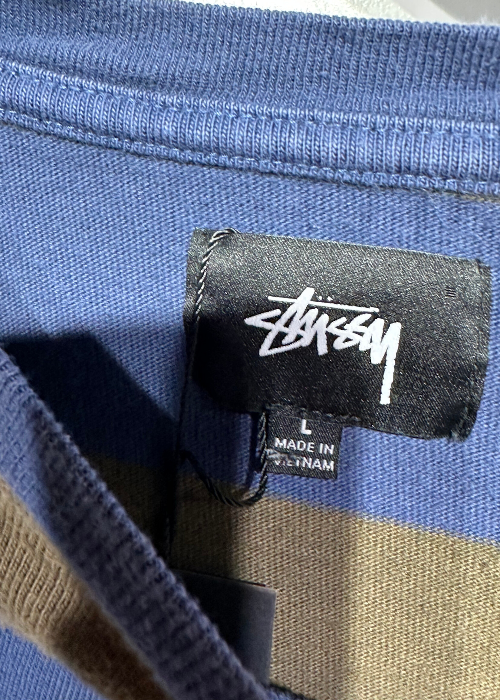 Stussy Olive Green Blue Striped LS L