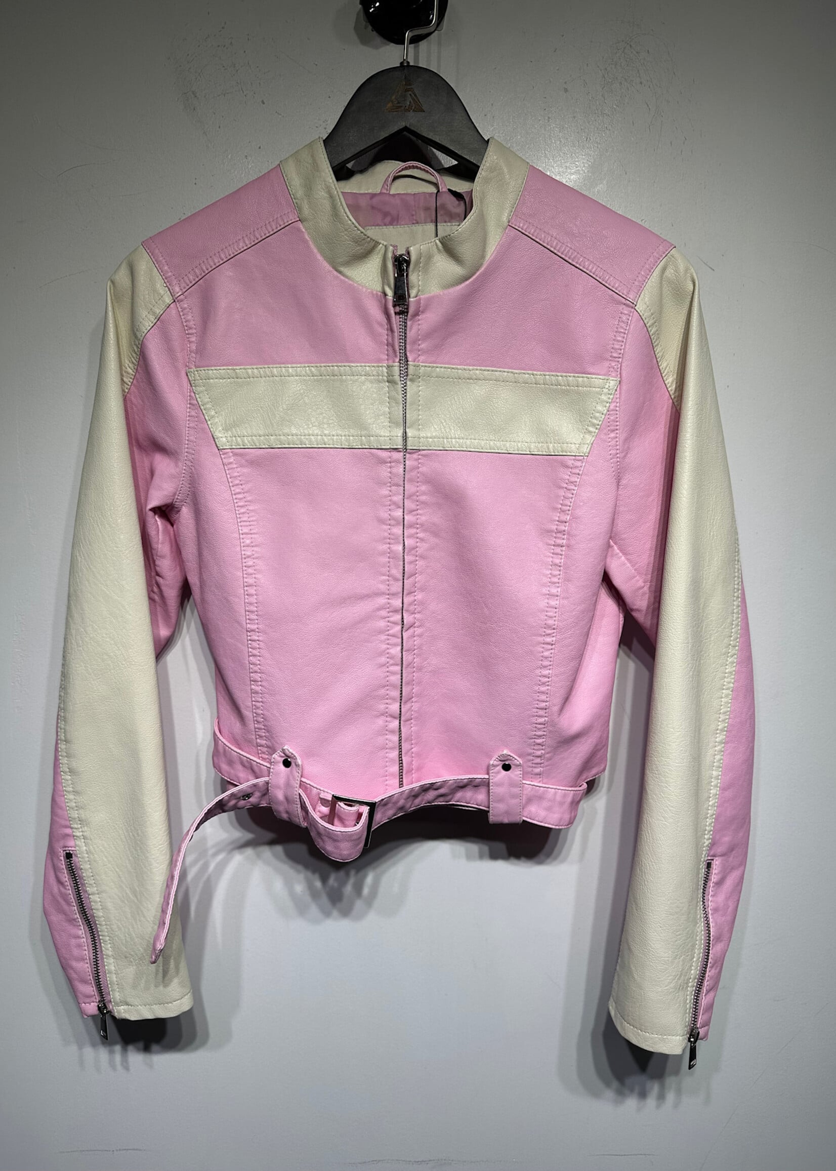 UO Pink White Faux Leather Racer Jacket M
