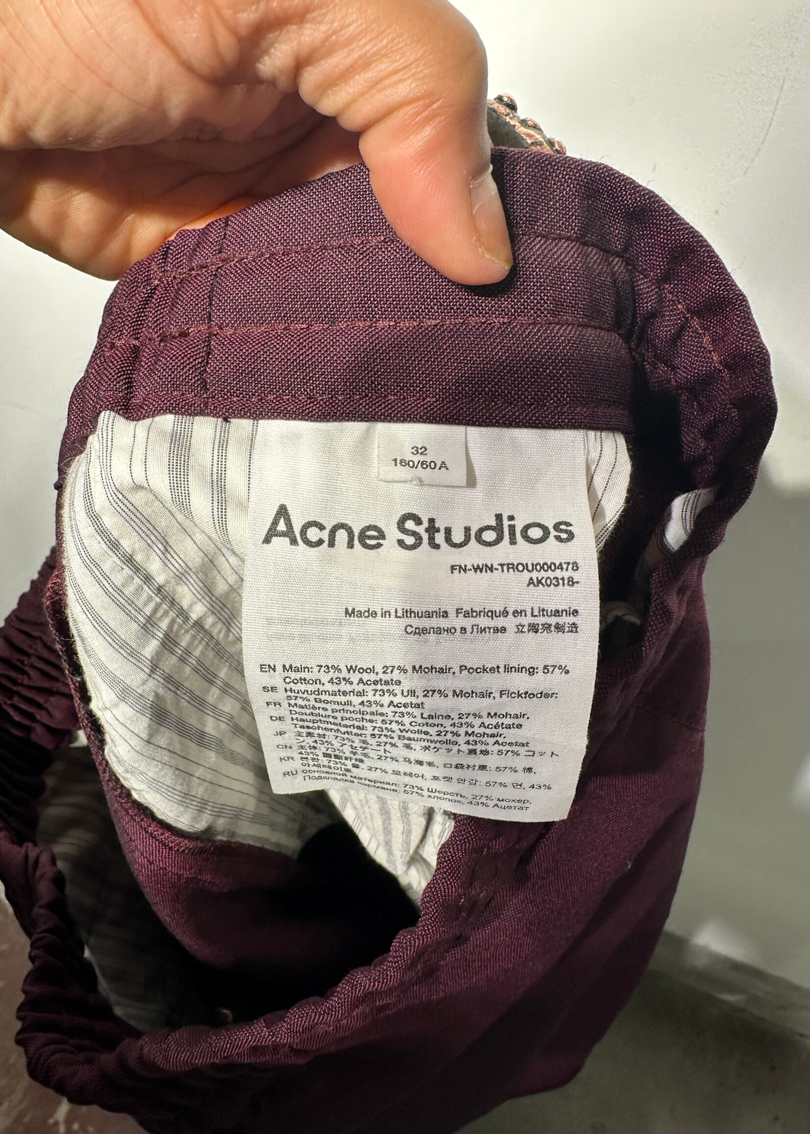 Acne Studios Maroon Stretch Wide Pants 24-26