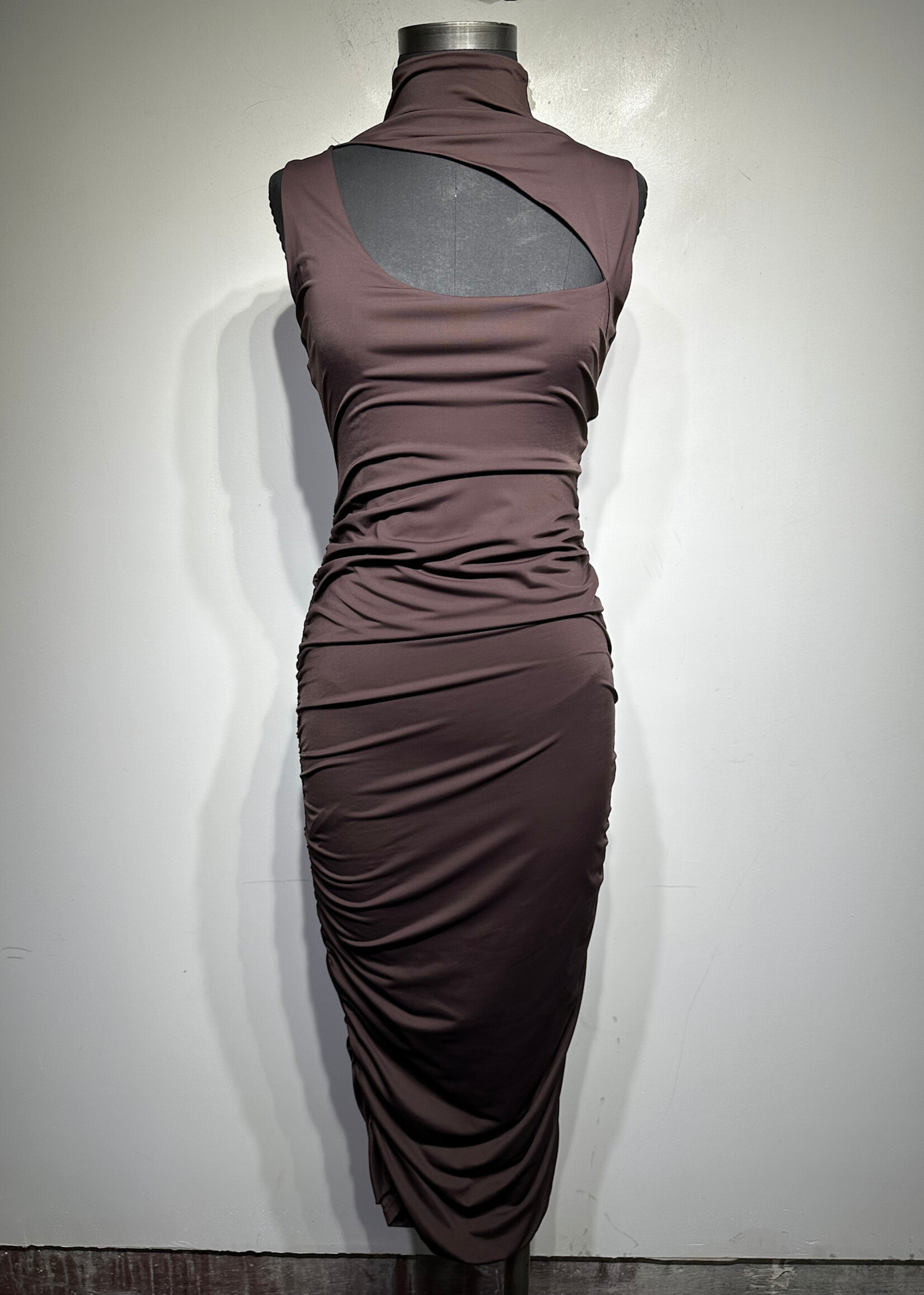 NWT Bebe Brown Front Cutout Ruched Side Dress S