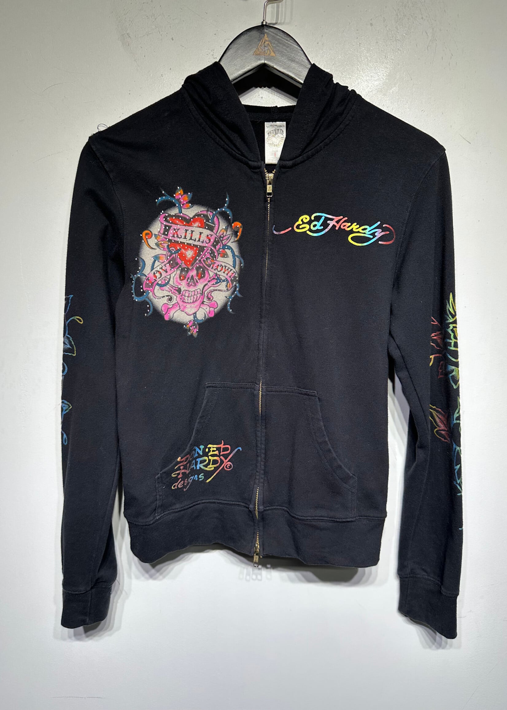 Ed Hardy Y2K Love Kills Rhinestone Rainbow Zip Up L
