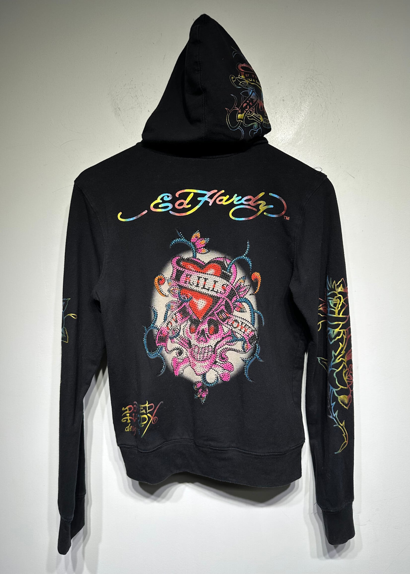 Ed Hardy Y2K Love Kills Rhinestone Rainbow Zip Up L