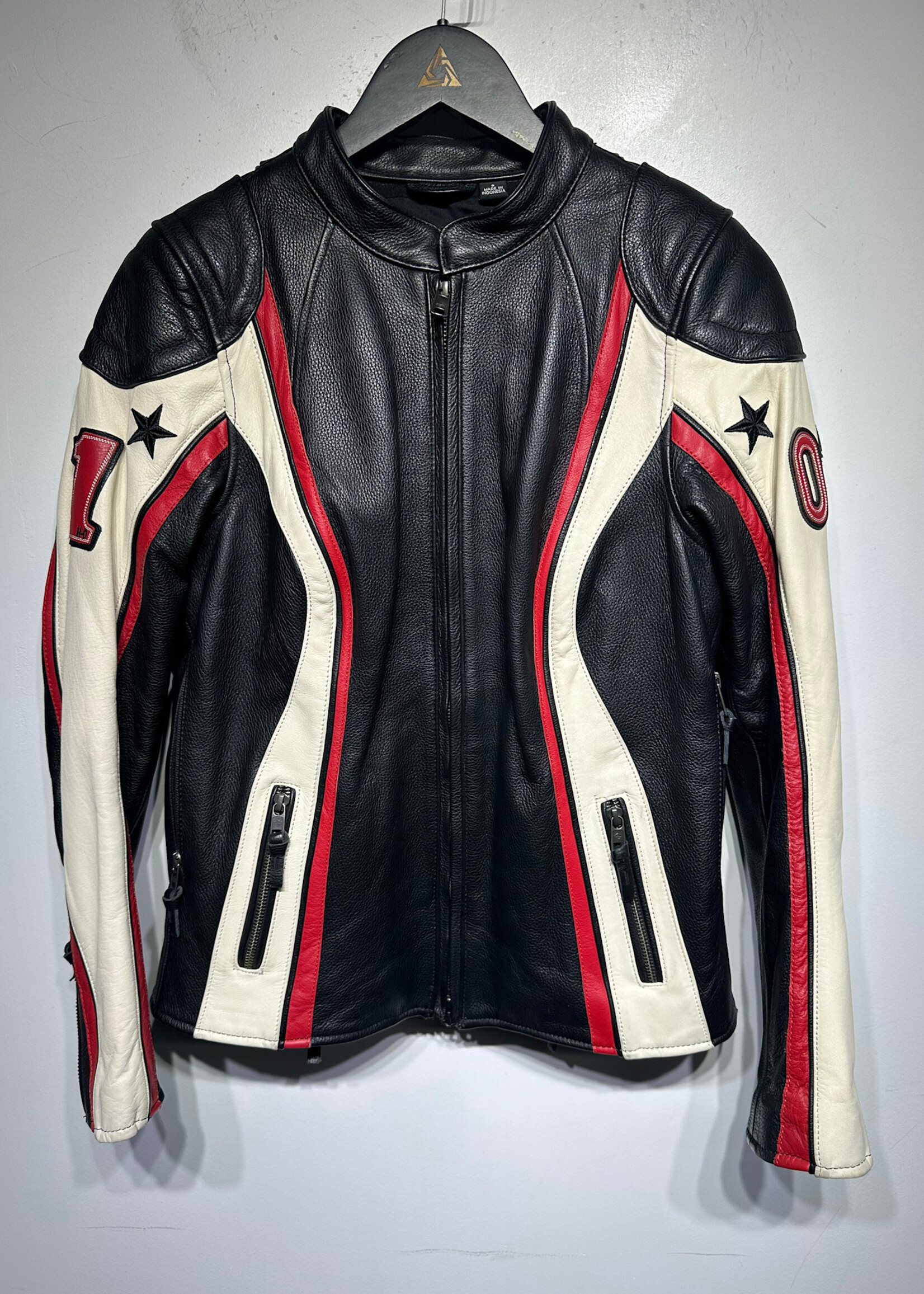 Harley Black Leather Red/White/Black Jacket Fem S