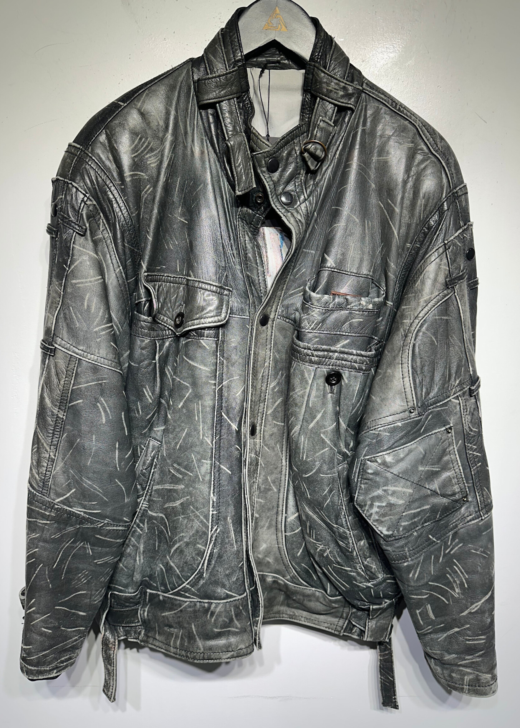 No Label Grey Distressed Leather B/U Jacket 54/XL