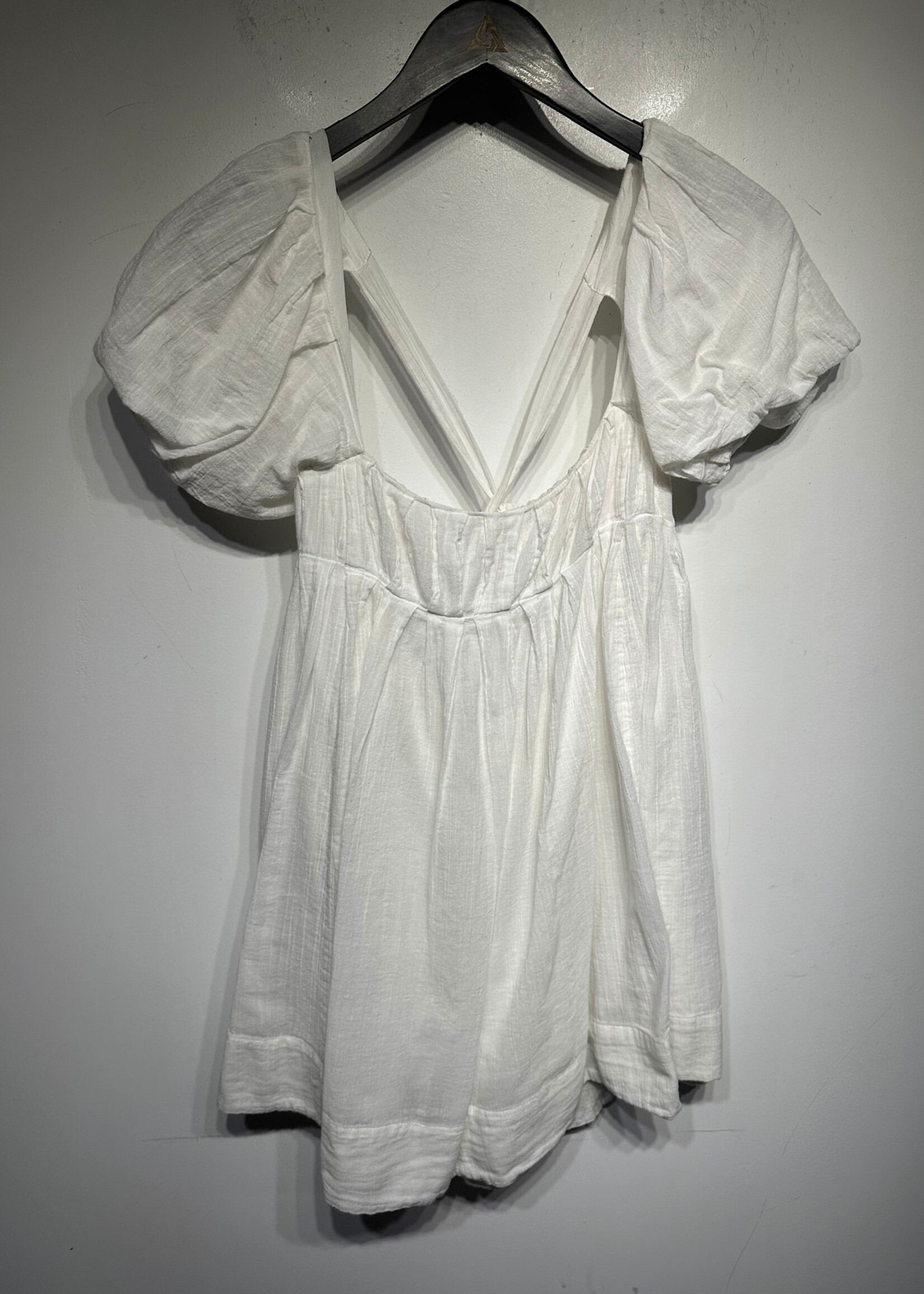 Free People White Poof Sleeve Open Back Dress S