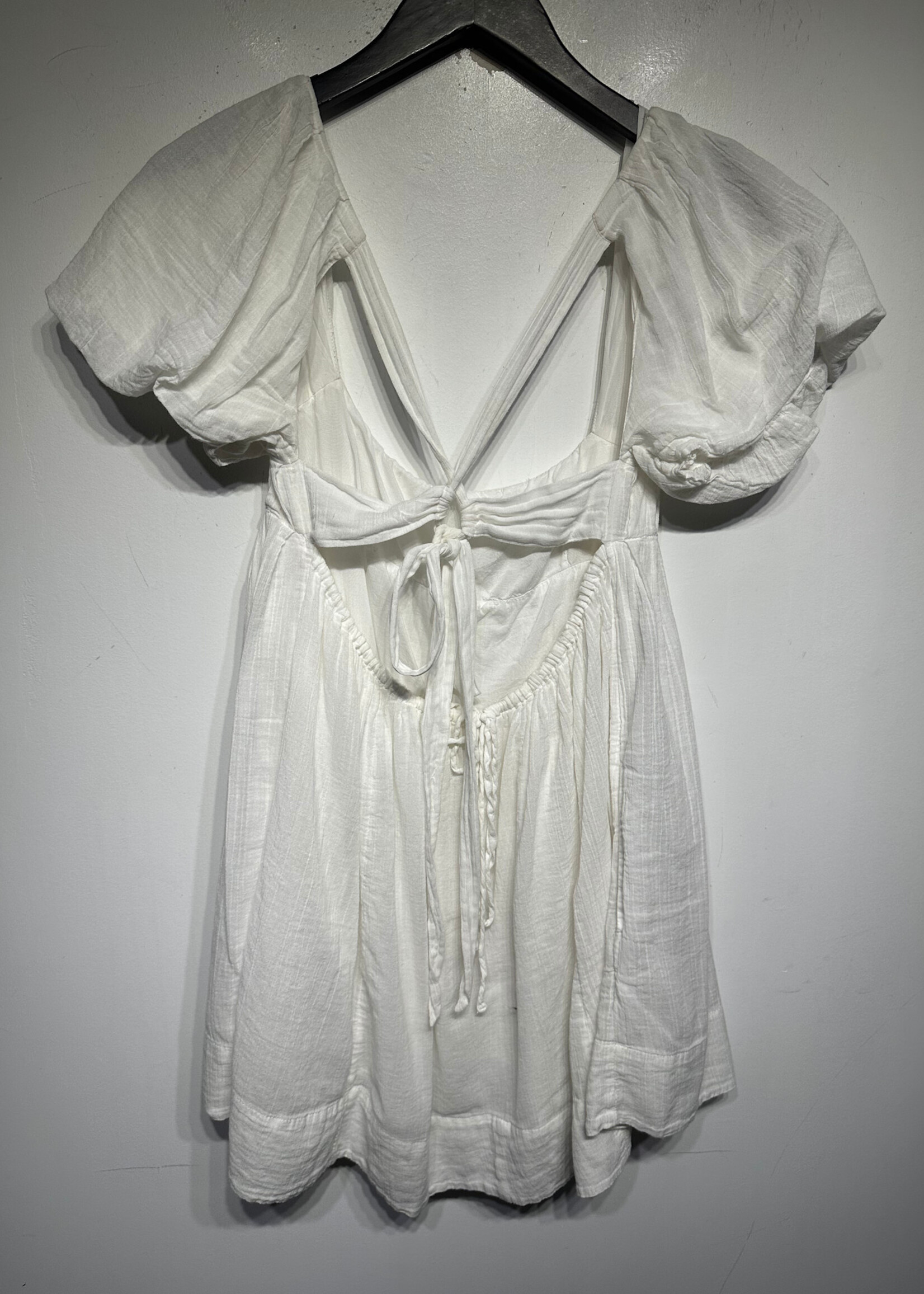 Free People White Poof Sleeve Open Back Dress S