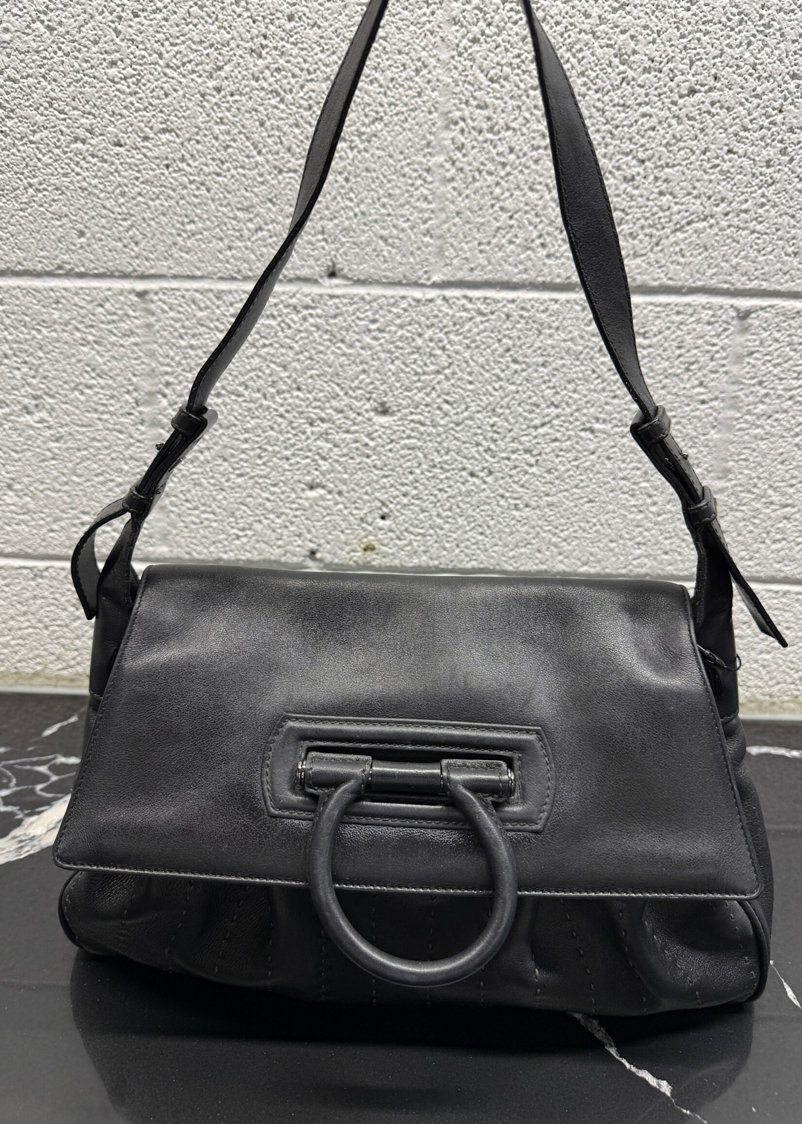 Ferragamo Black Foldover Flap Leather Purse