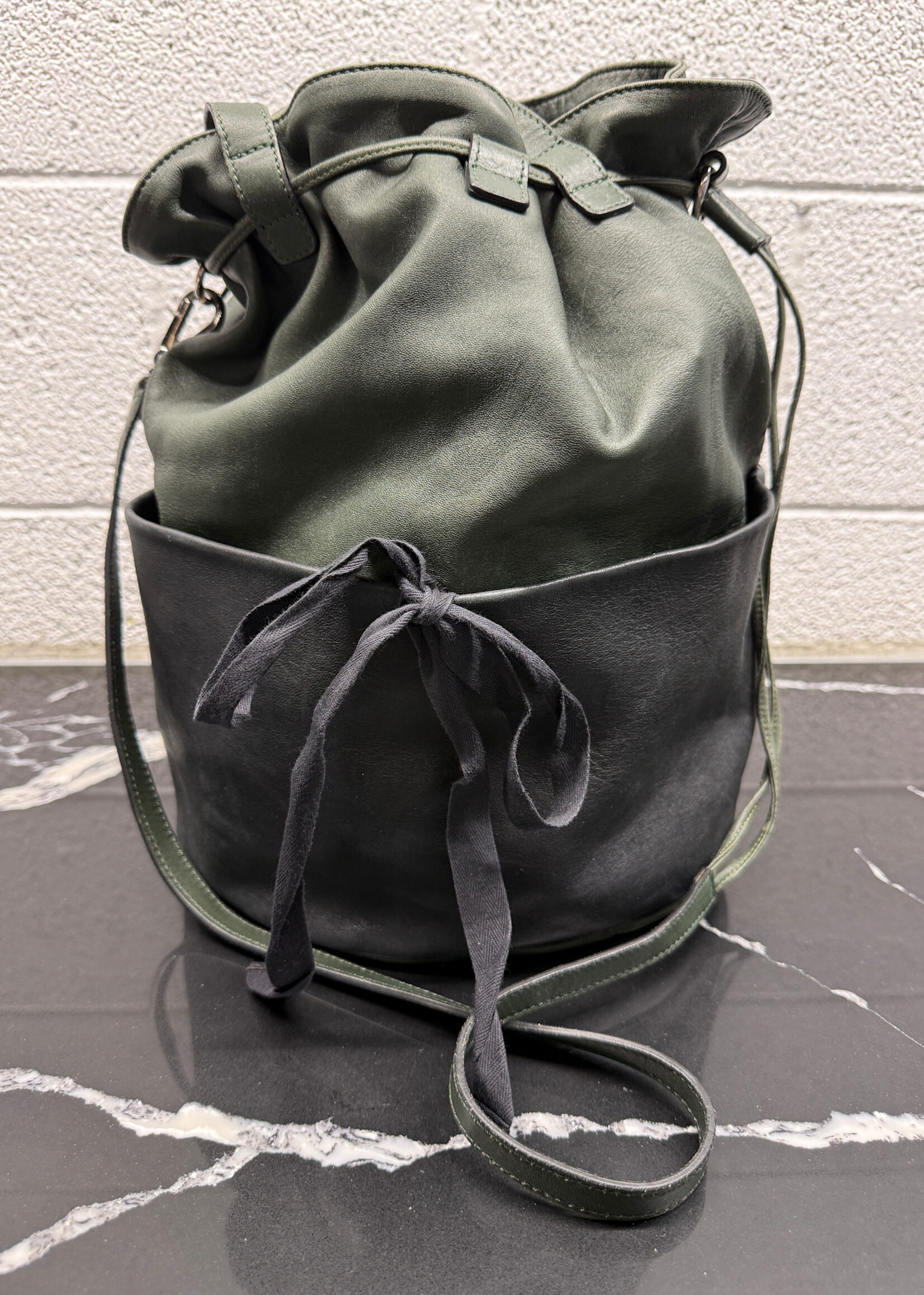 Marni Green Black Leather Bucket Bag