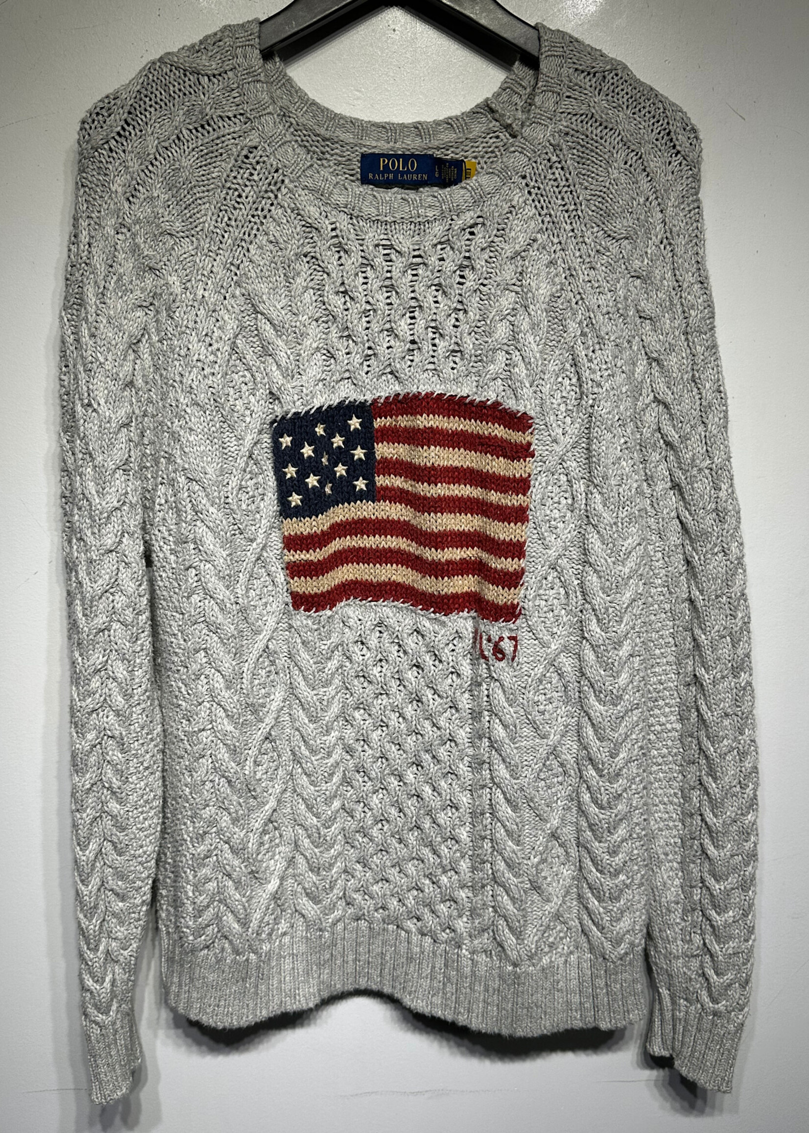 Polo RL Grey Cable Knit Flag Sweater L