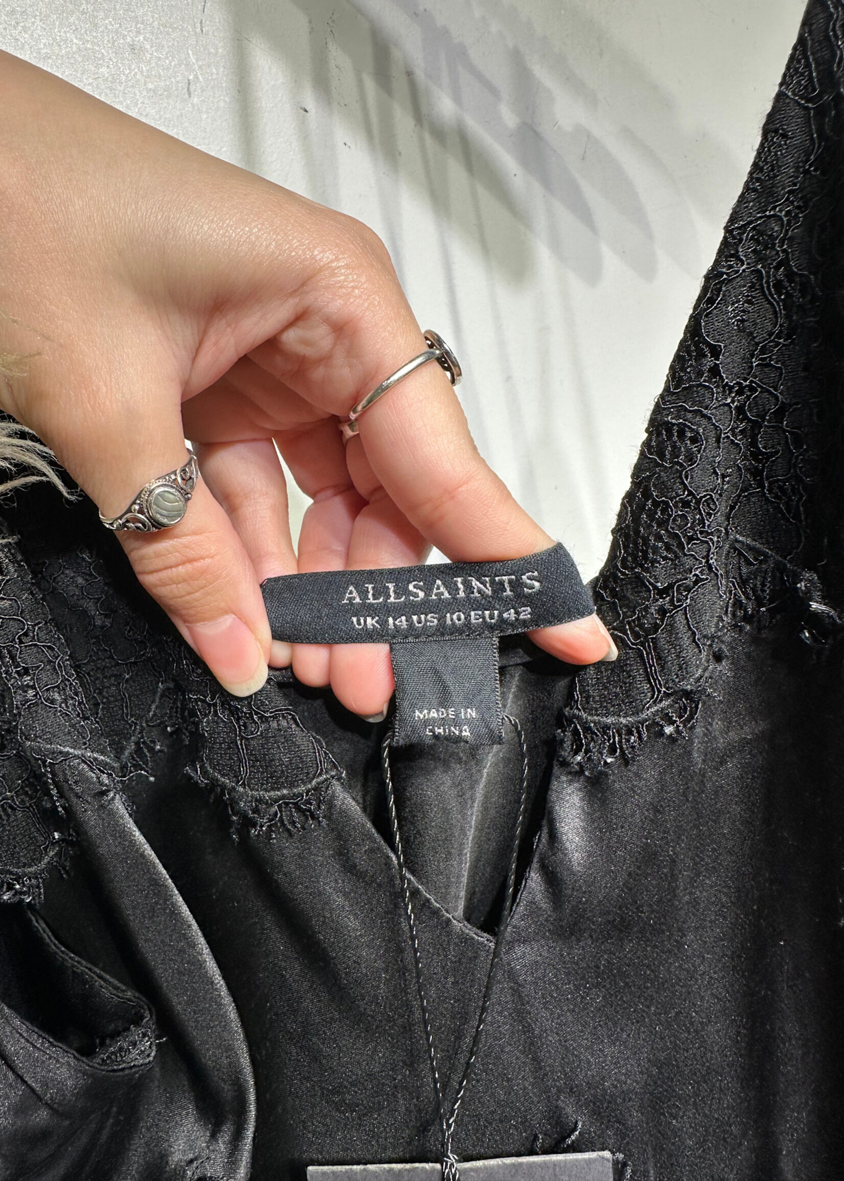 All Saints Black Satin Lace Slip Dress L Fem