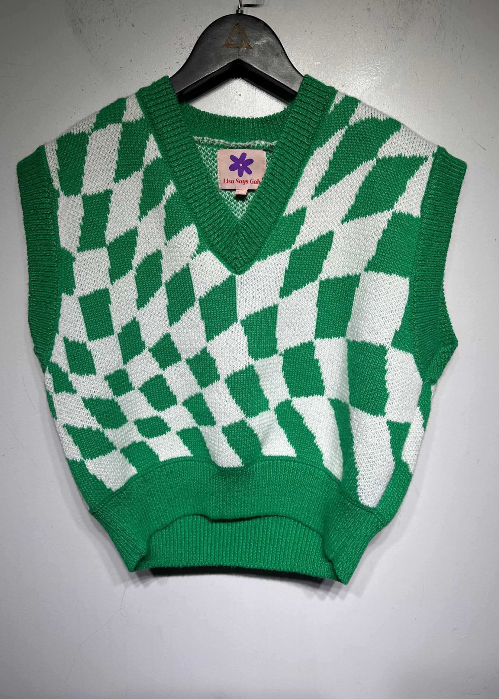 Lisa Says Gah Green White Sweater Vest M/L