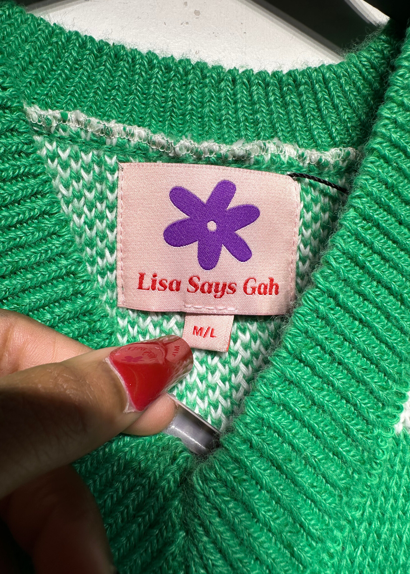 Lisa Says Gah Green White Sweater Vest M/L