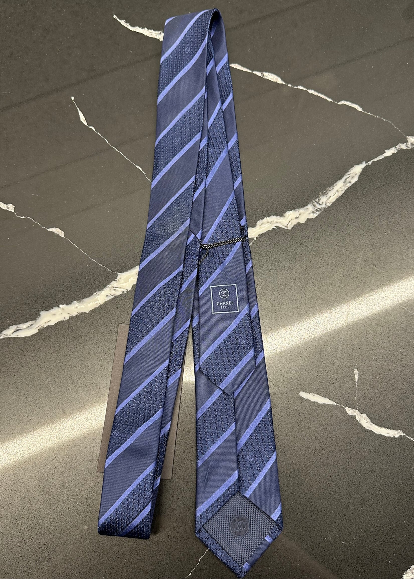 Chanel Navy Textured Stripe Tie OS AS IS