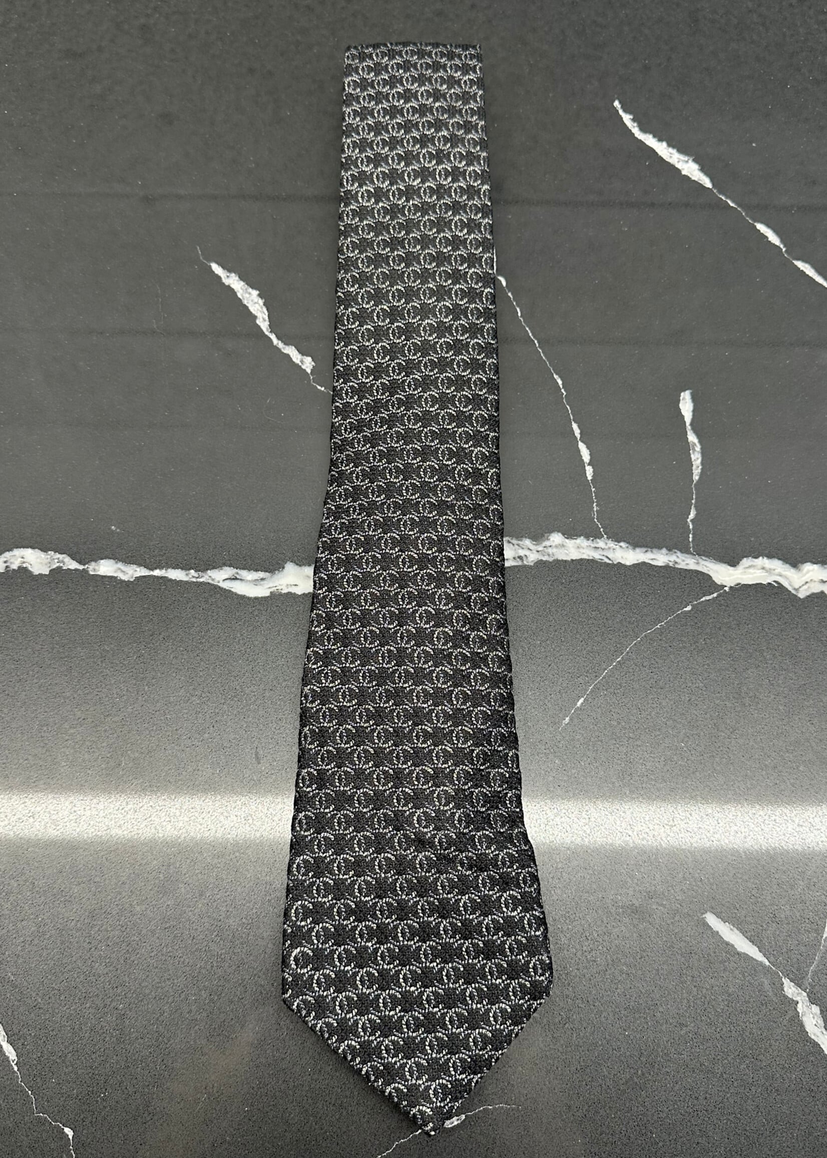 Chanel Black/Silver Monogram Tie OS