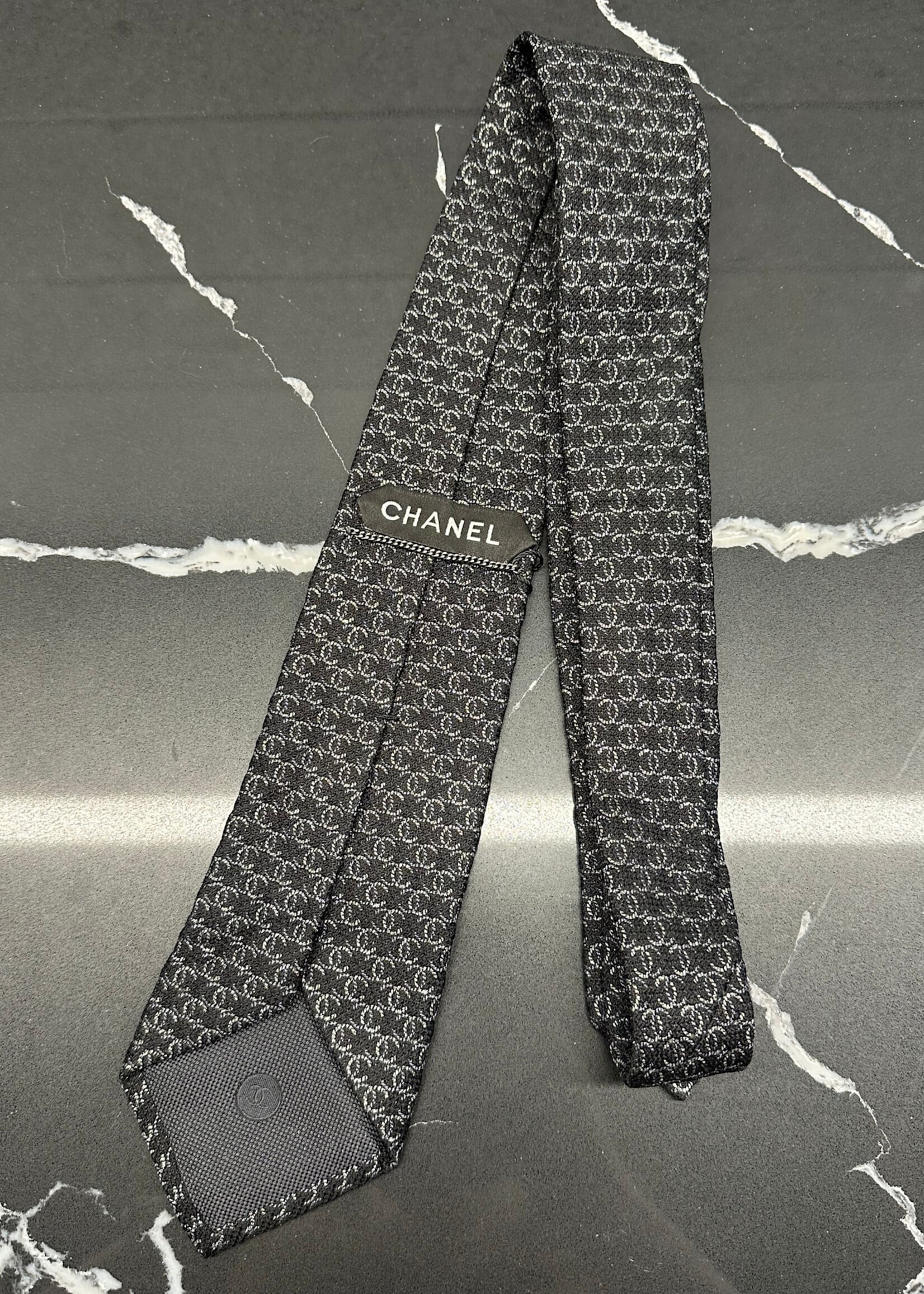 Chanel Black/Silver Monogram Tie OS