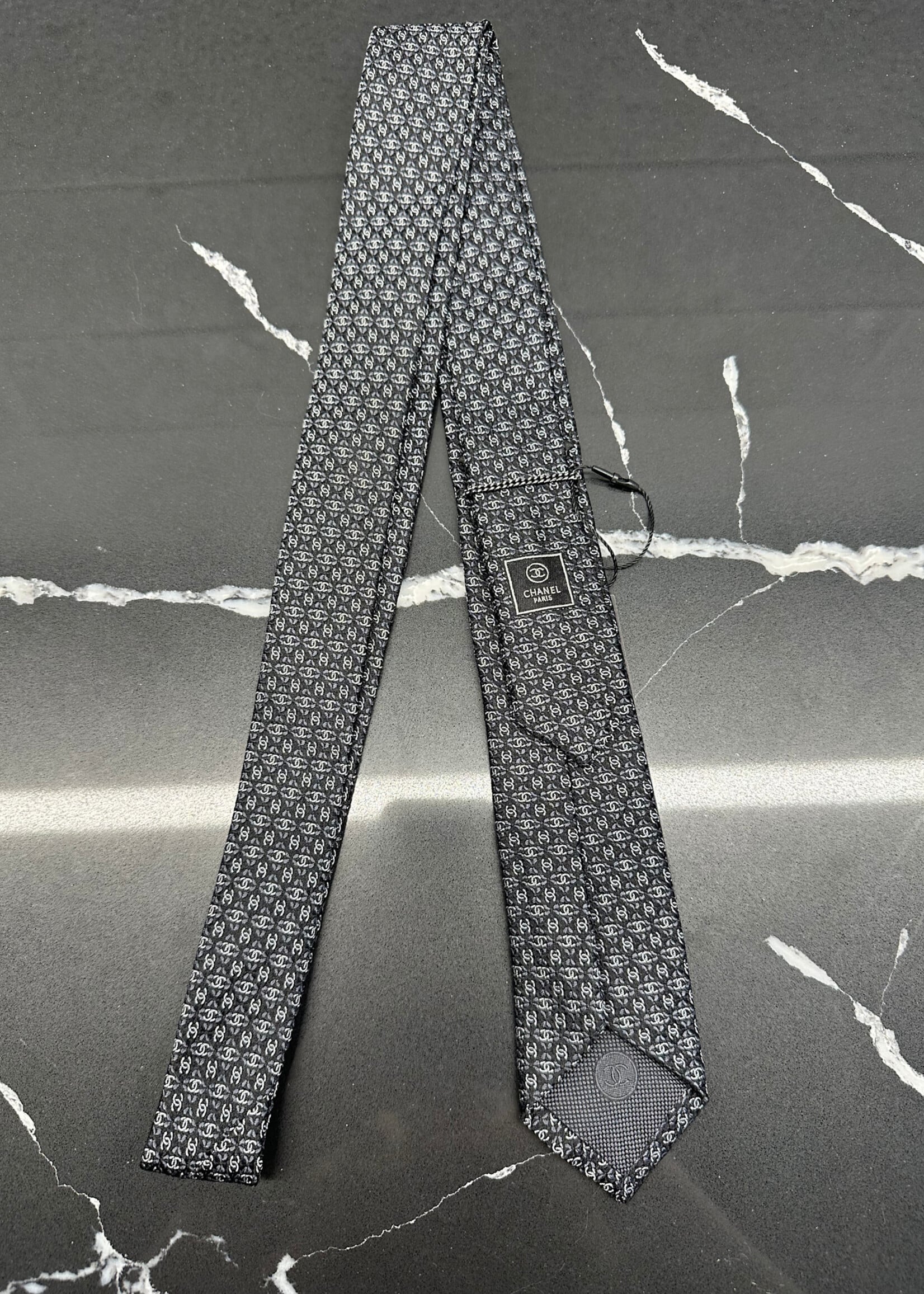 Chanel Black/Grey Small Monogram Thin Tie OS