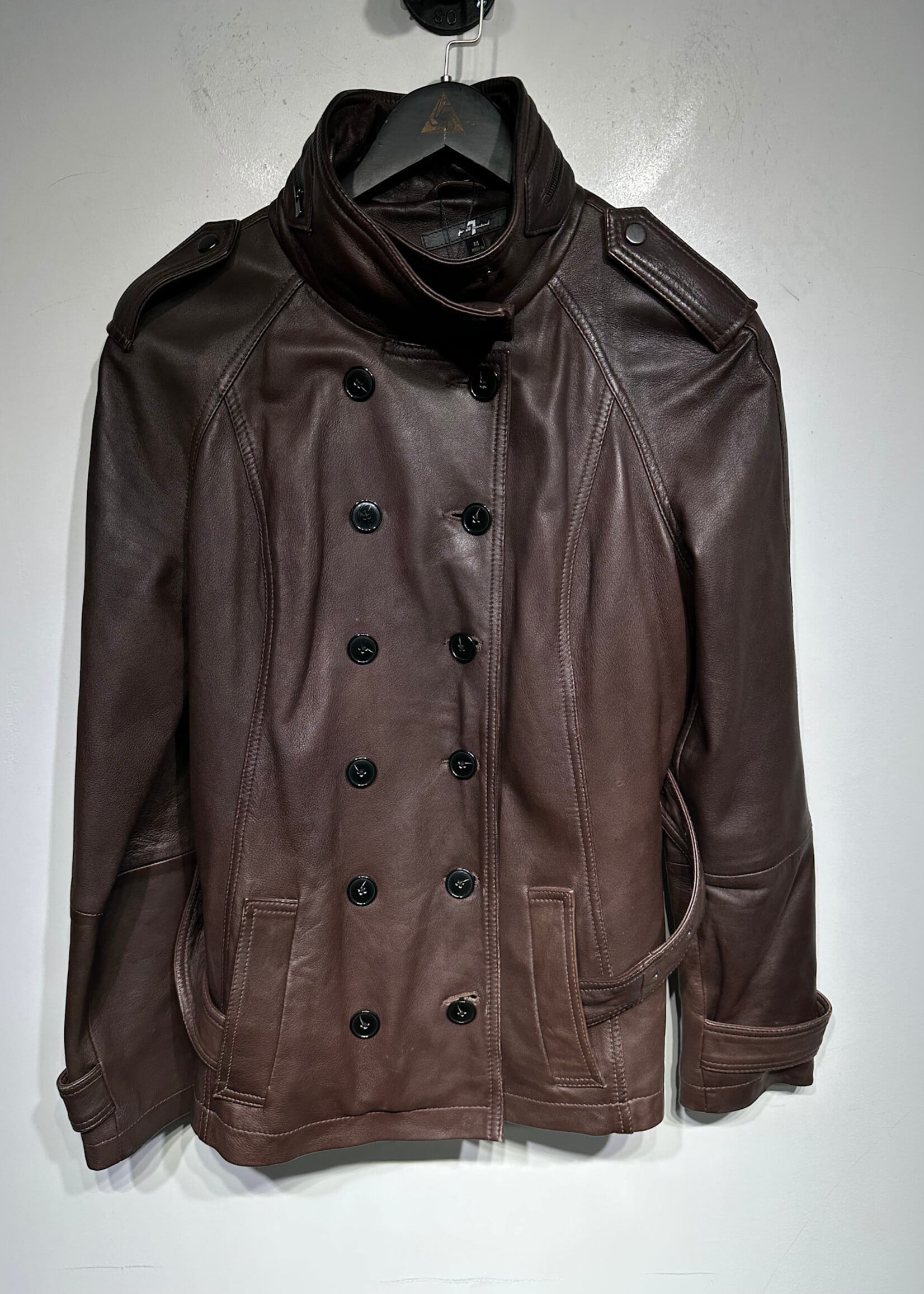 7 For All Mankind Dark Brown Leather Overcoat Fem L