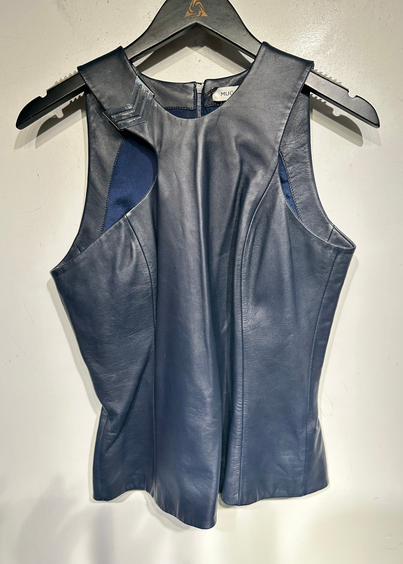 Mugler Navy Blue Leather Tank Fem M