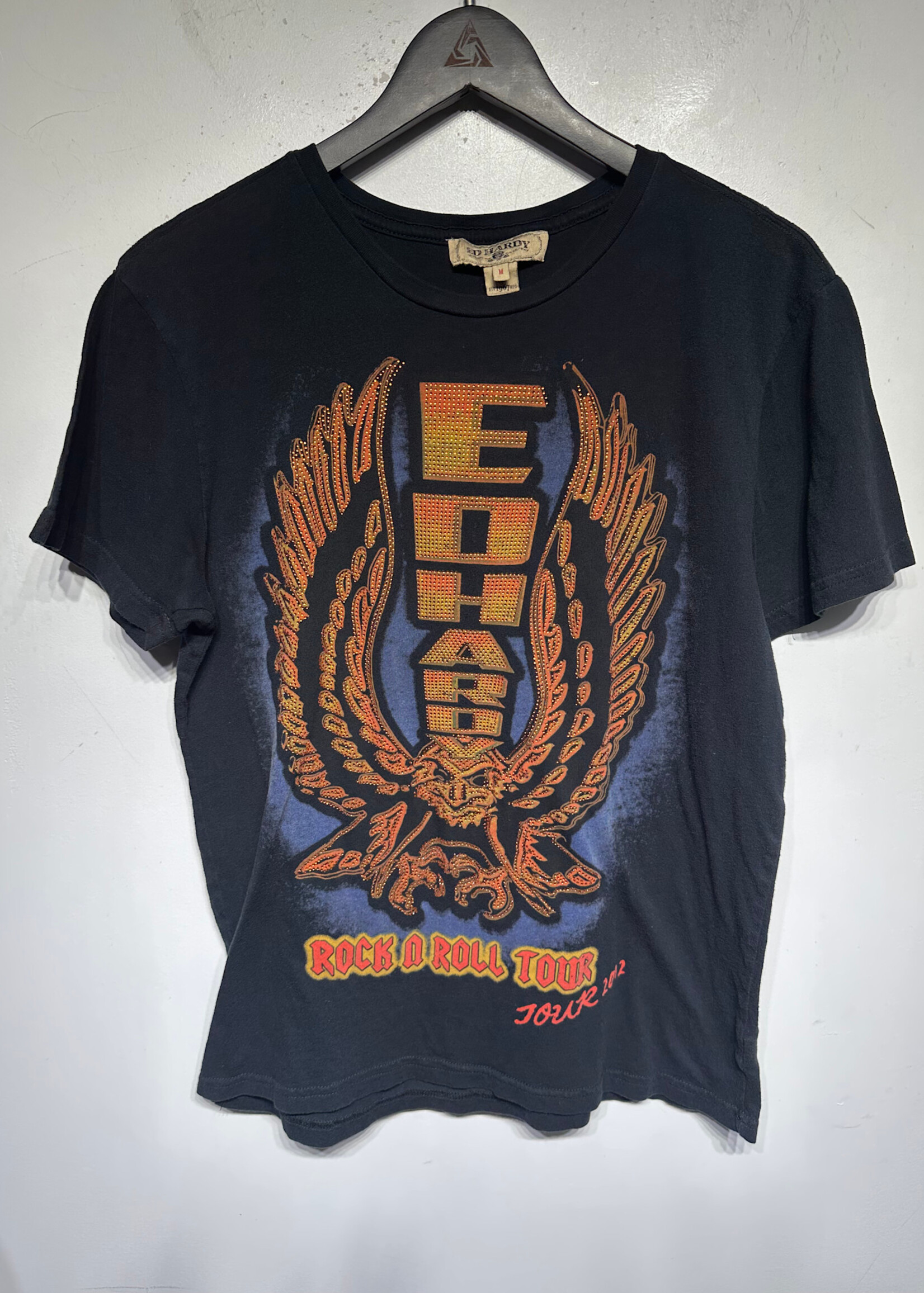 Ed Hardy Orange Black Eagle Rhinestone Tee M