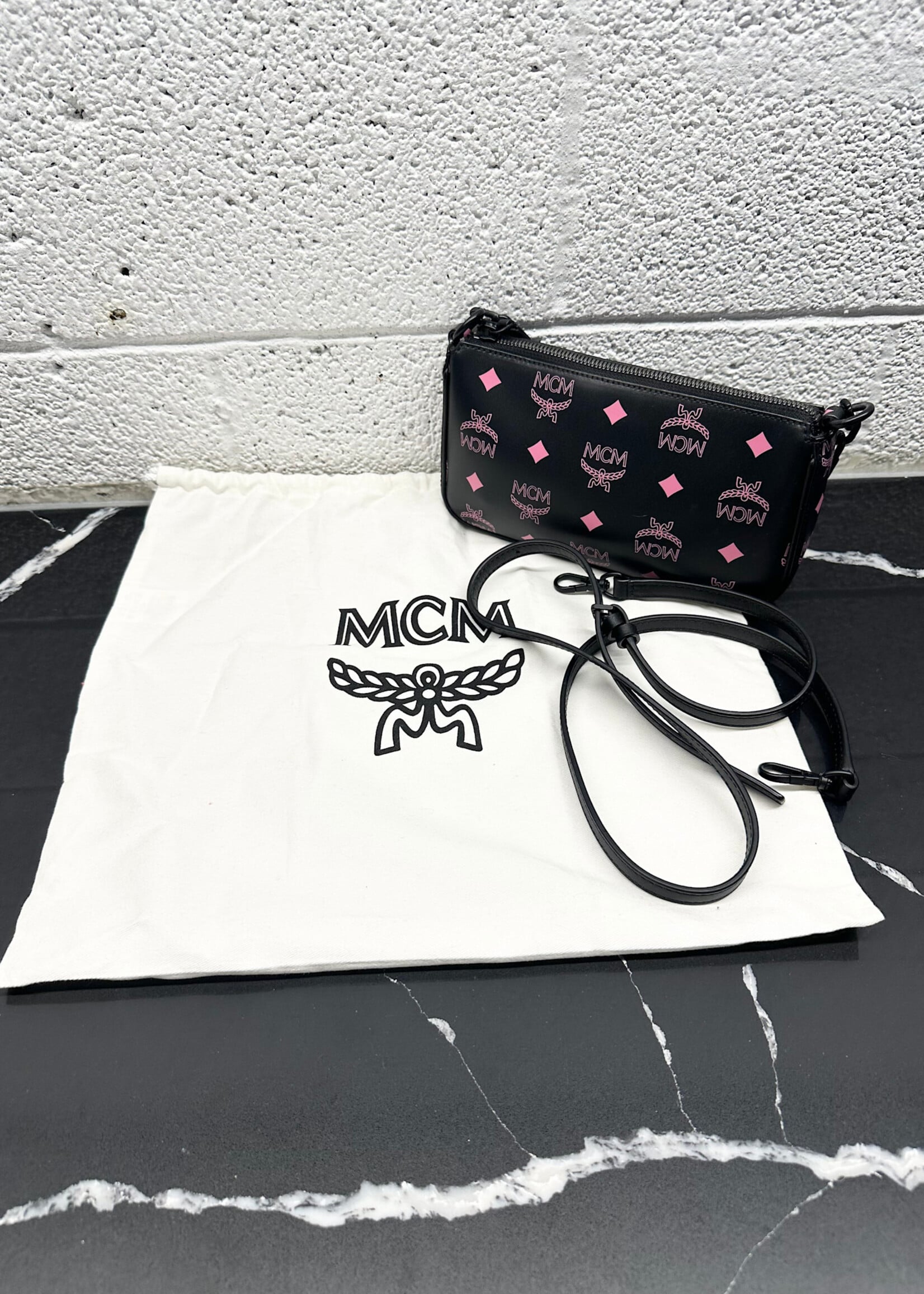 MCM Black Pink Monogram Mini Bag w/ strap OS