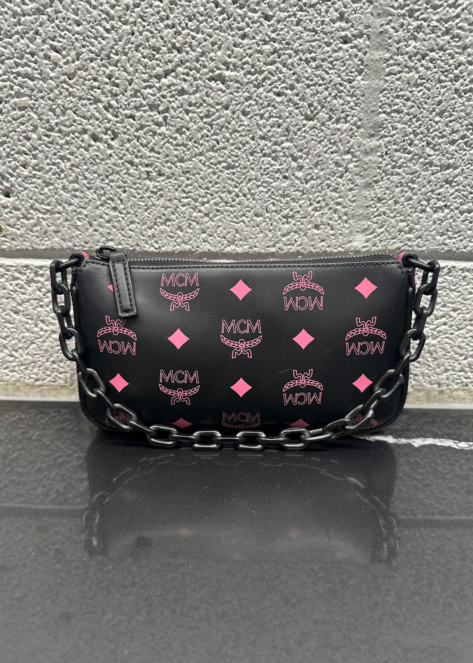 MCM Black Pink Monogram Mini Bag w/ strap OS