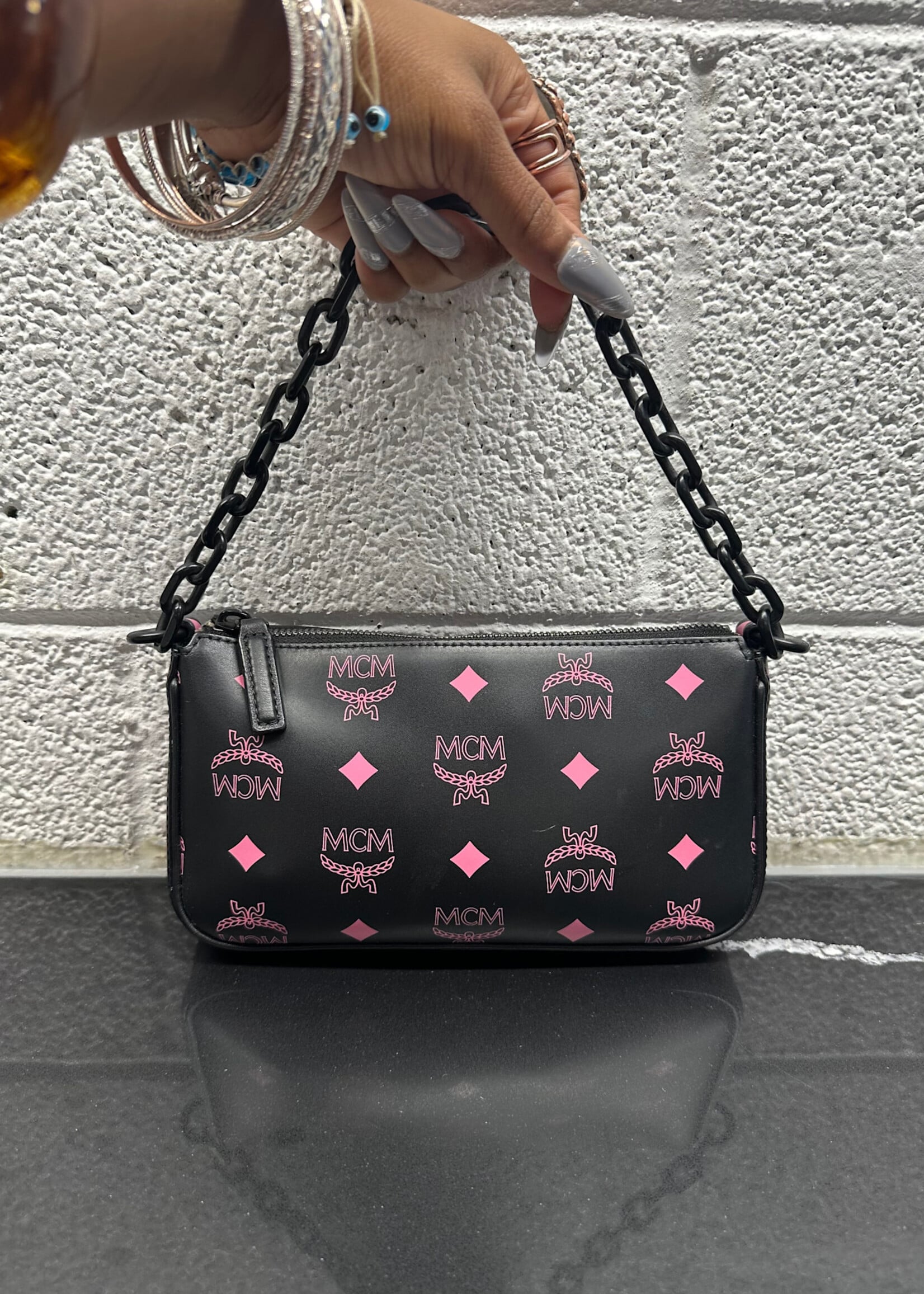 MCM Black Pink Monogram Mini Bag w/ strap OS