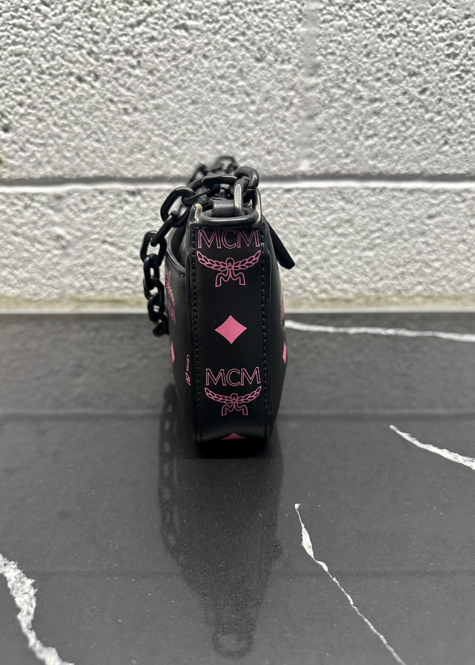 MCM Black Pink Monogram Mini Bag w/ strap OS