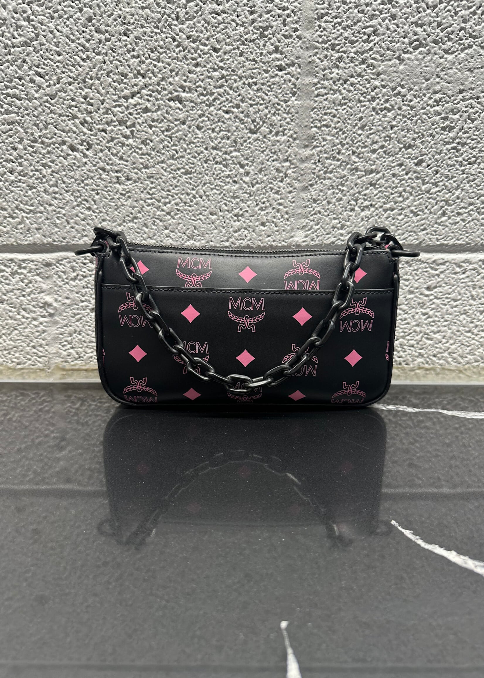 MCM Black Pink Monogram Mini Bag w/ strap OS