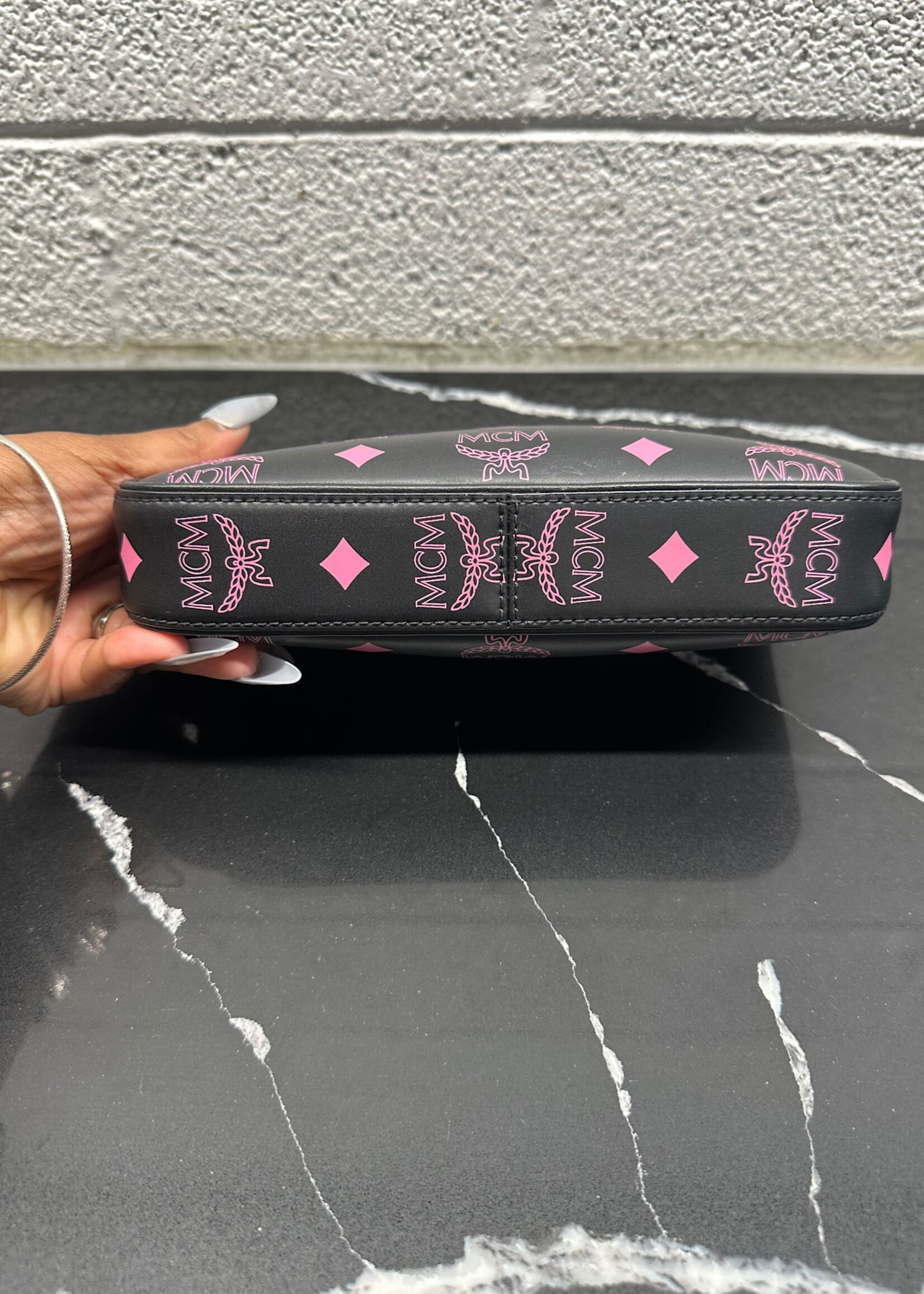 MCM Black Pink Monogram Mini Bag w/ strap OS