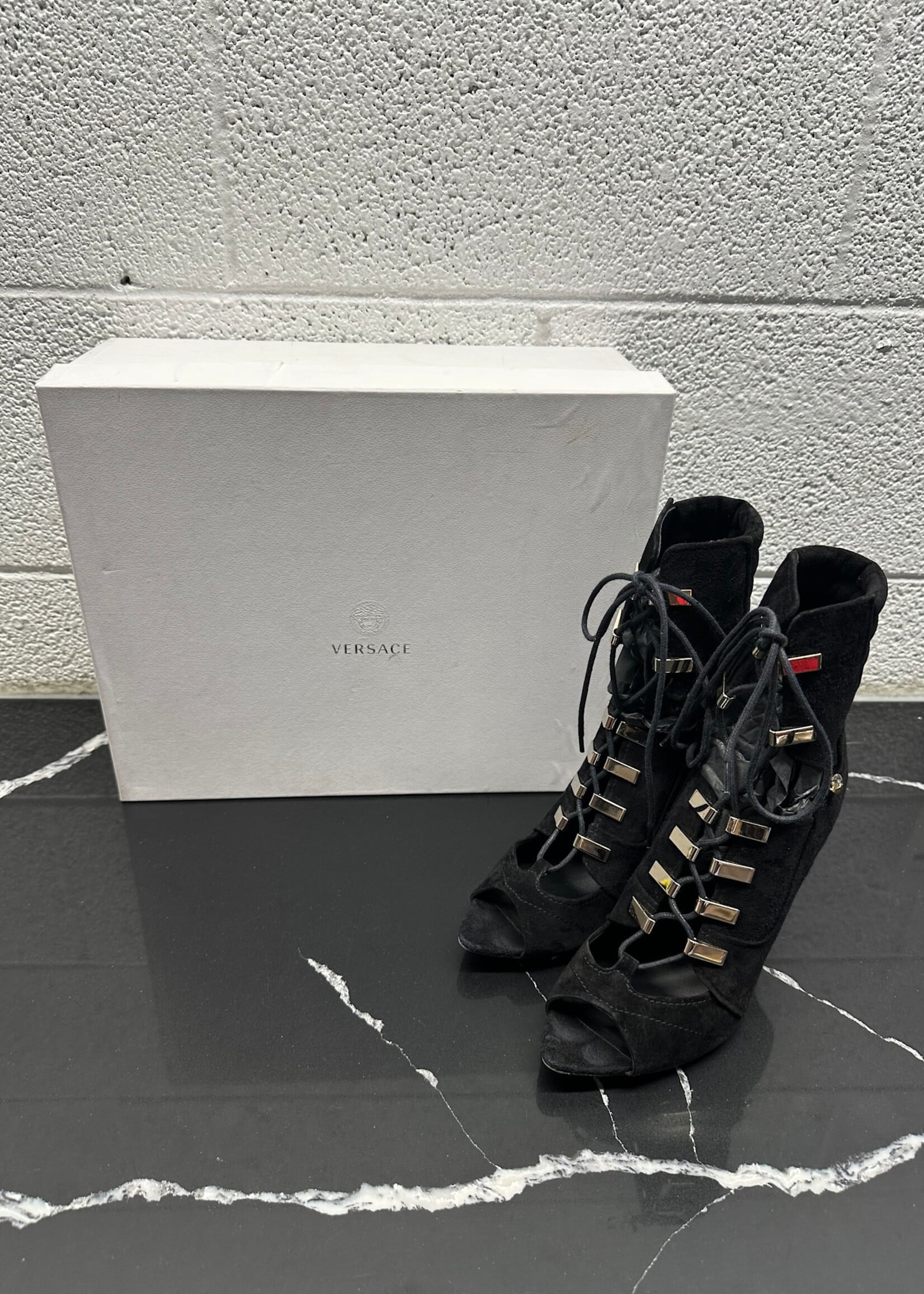Versace Blacke Seude Tie Heel 6.5