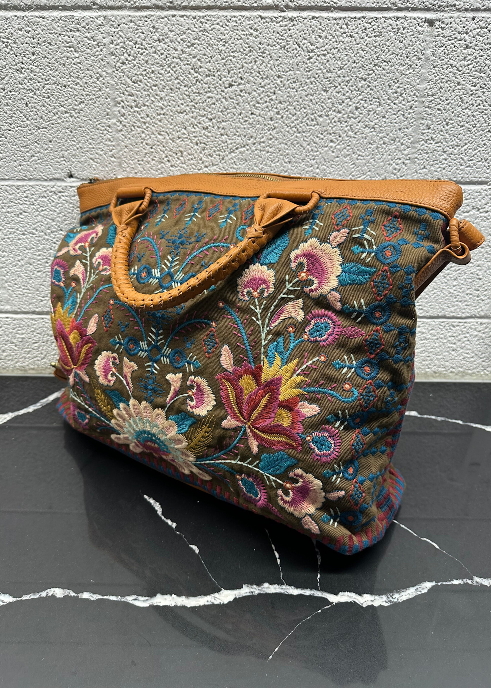 Johnny Was Brown Embroidered Overnight Bag OS