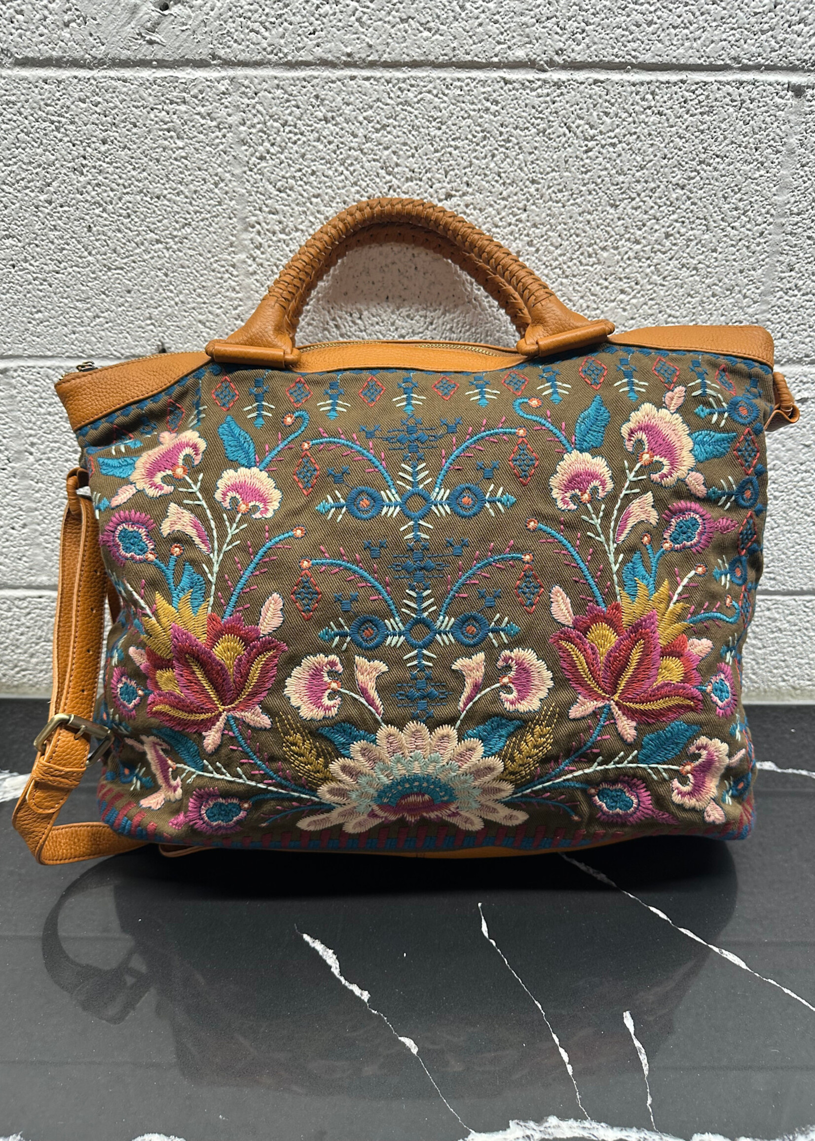 Johnny Was Brown Embroidered Overnight Bag OS