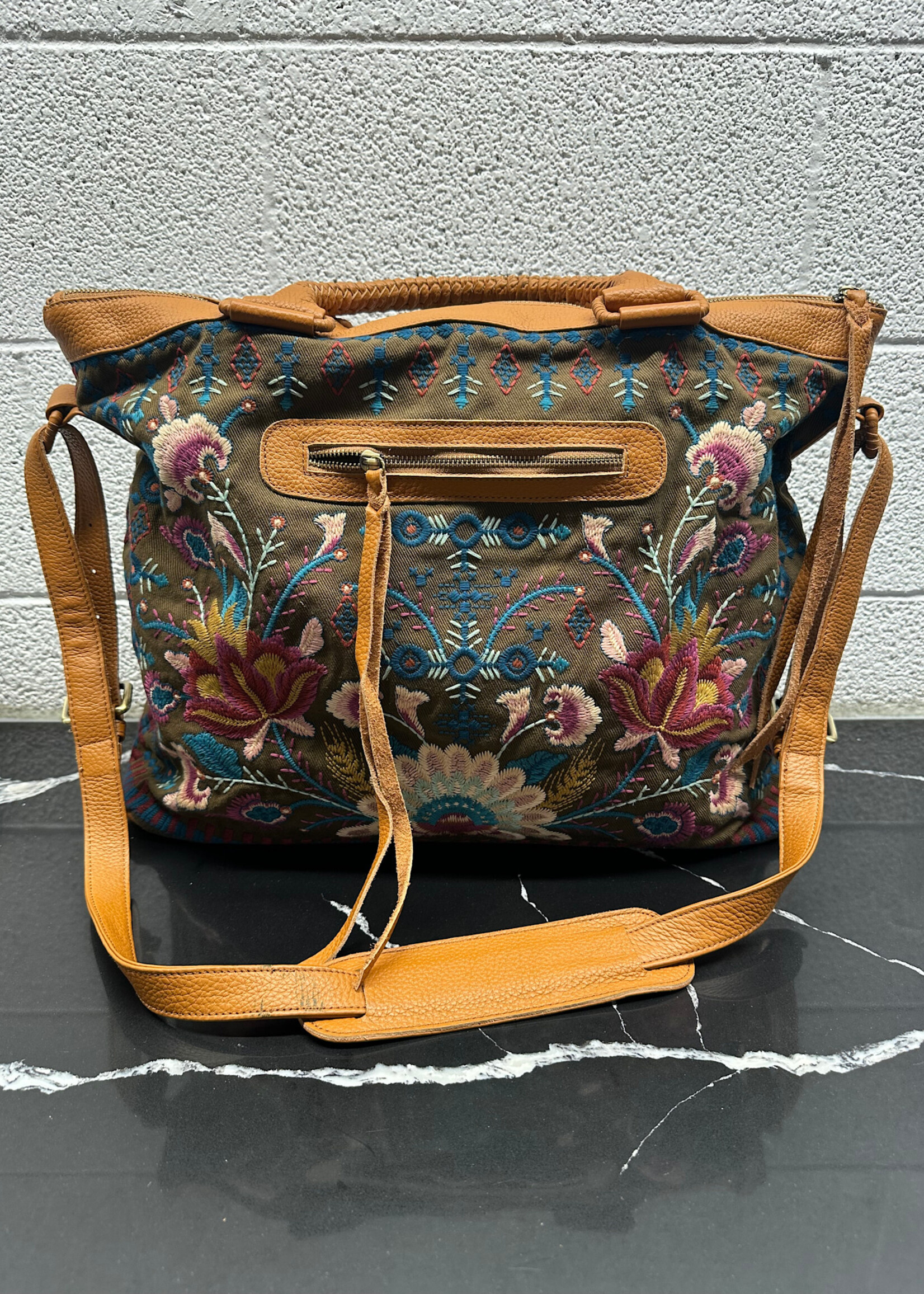 Johnny Was Brown Embroidered Overnight Bag OS
