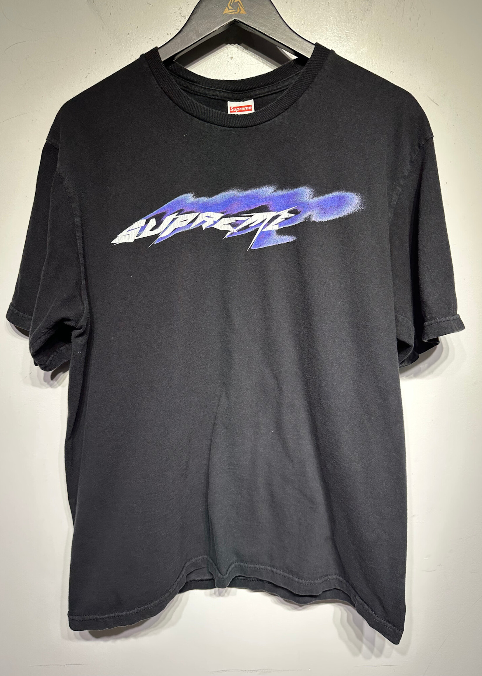 Supreme Black Blue Flame Logo Tee L