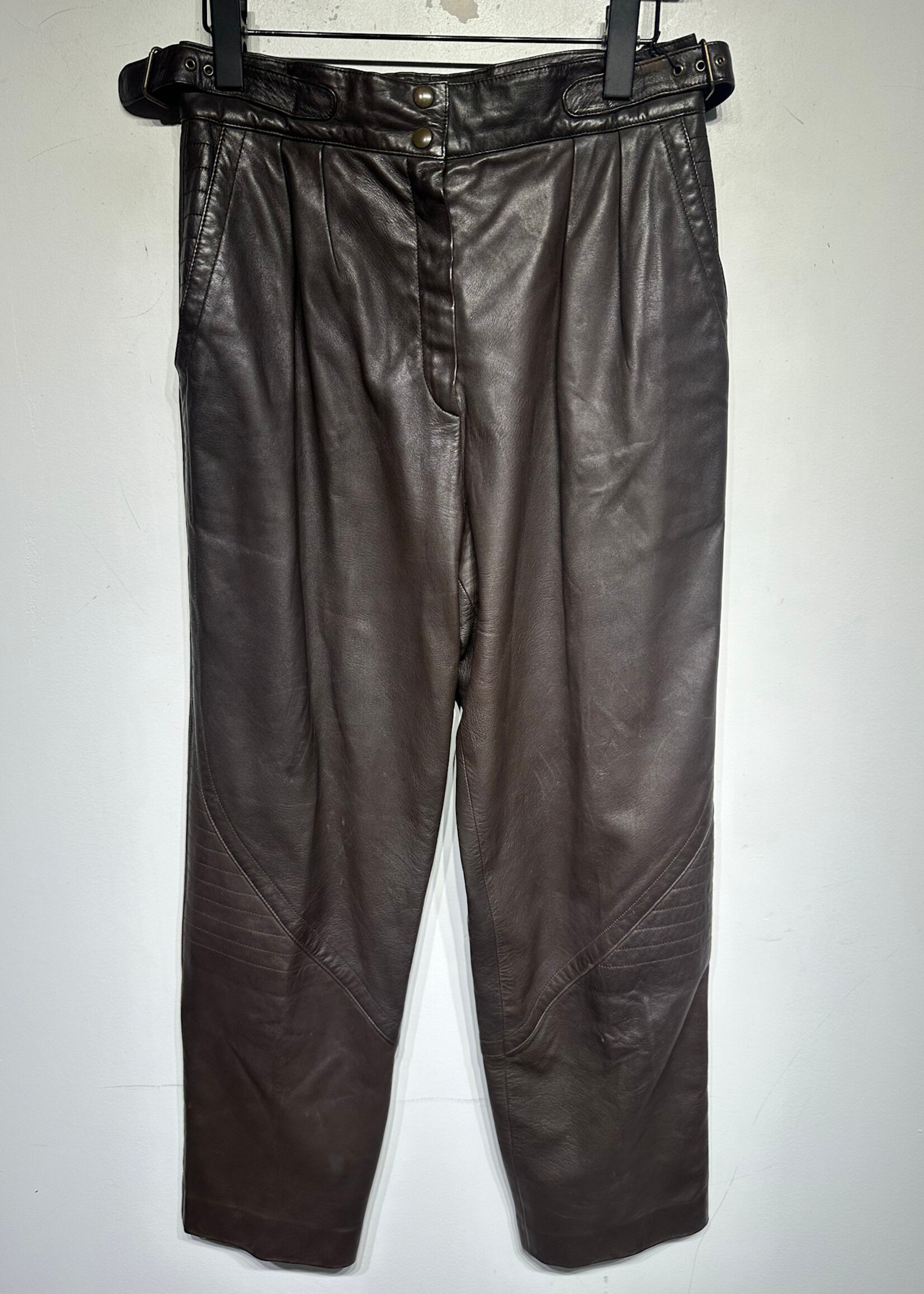 Escada Brown Leather Pleated Pants 28 Fem