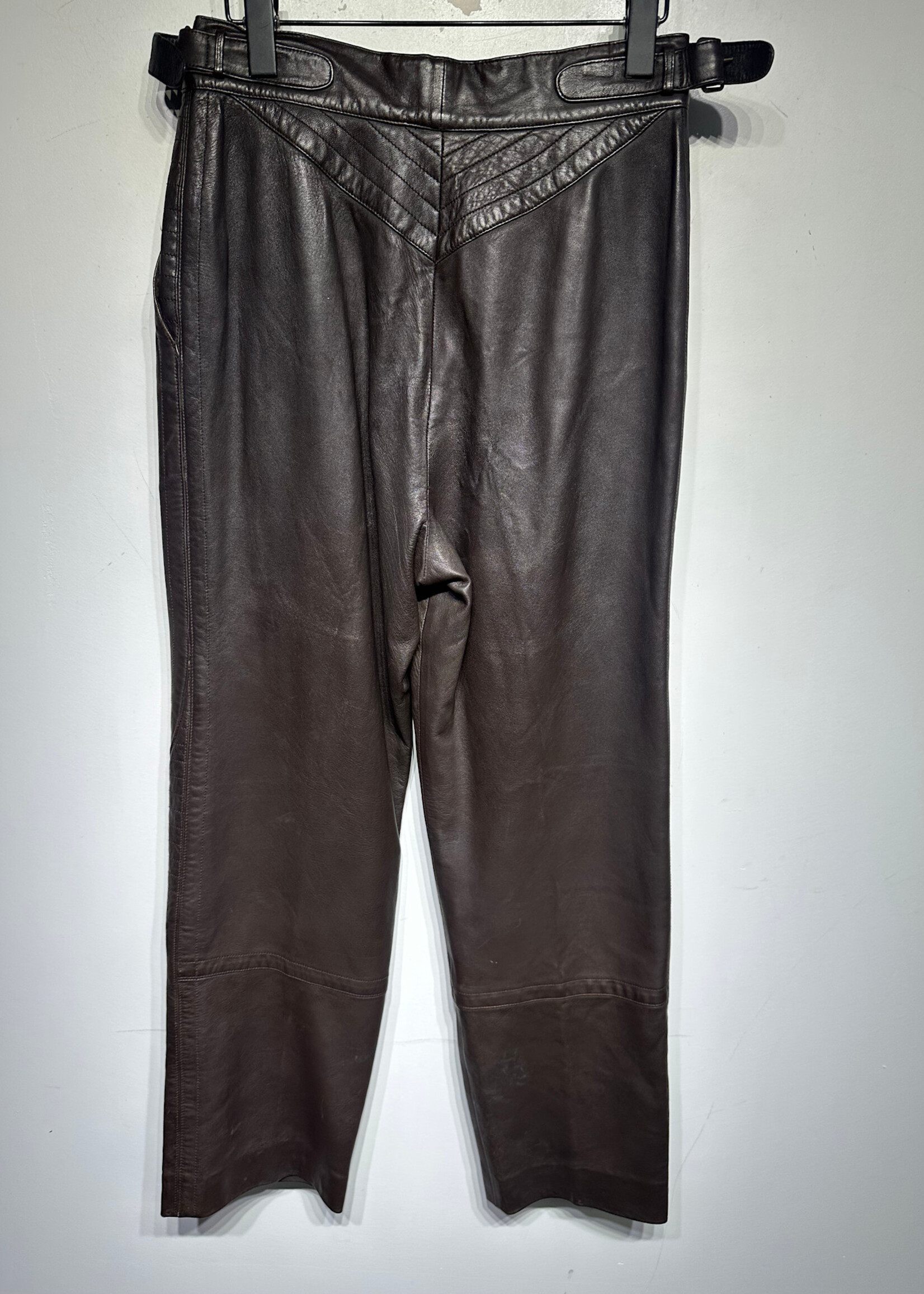 Escada Brown Leather Pleated Pants 28 Fem