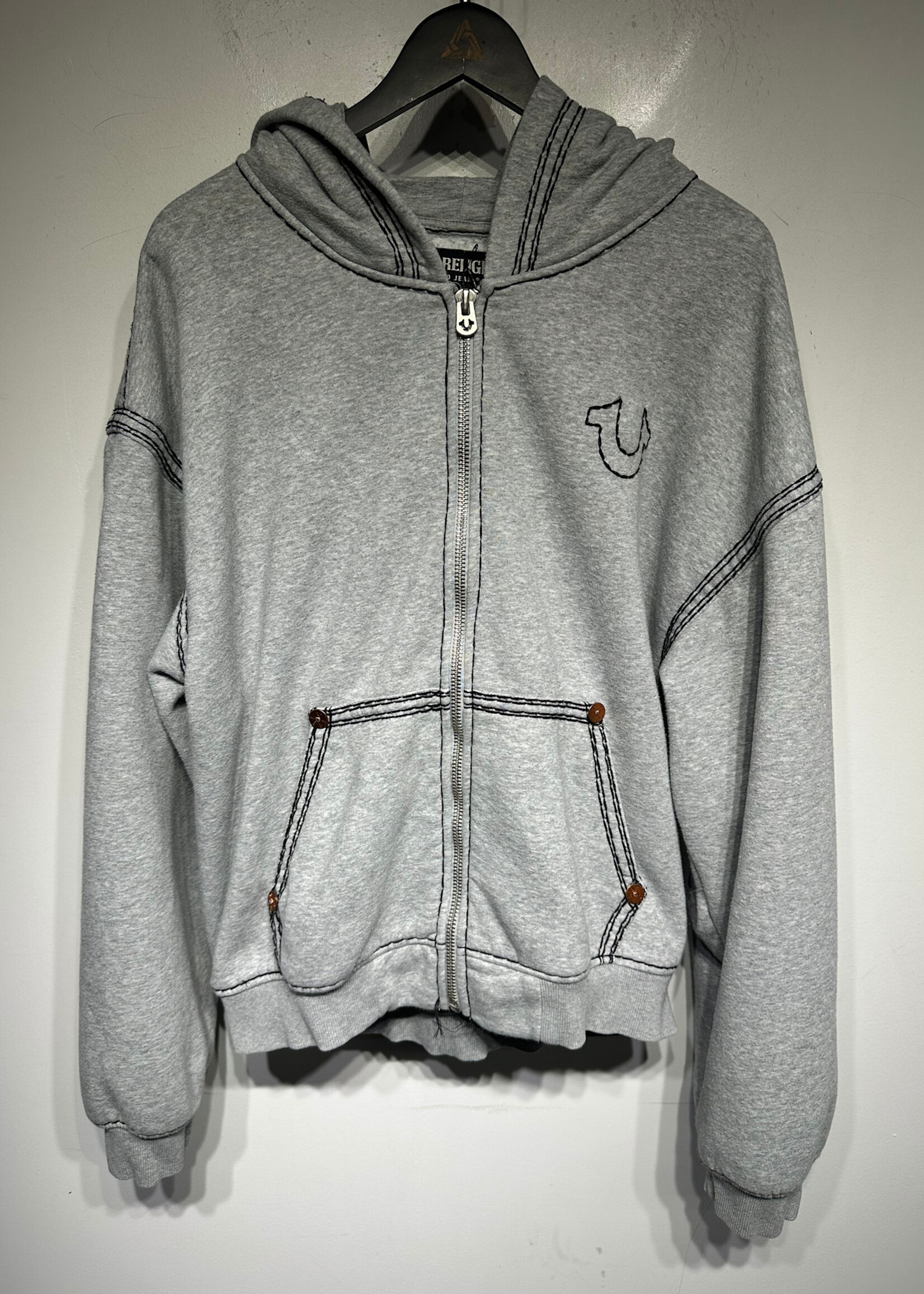 True Religion Grey Black Stitch Zip Hoodie Masc XL