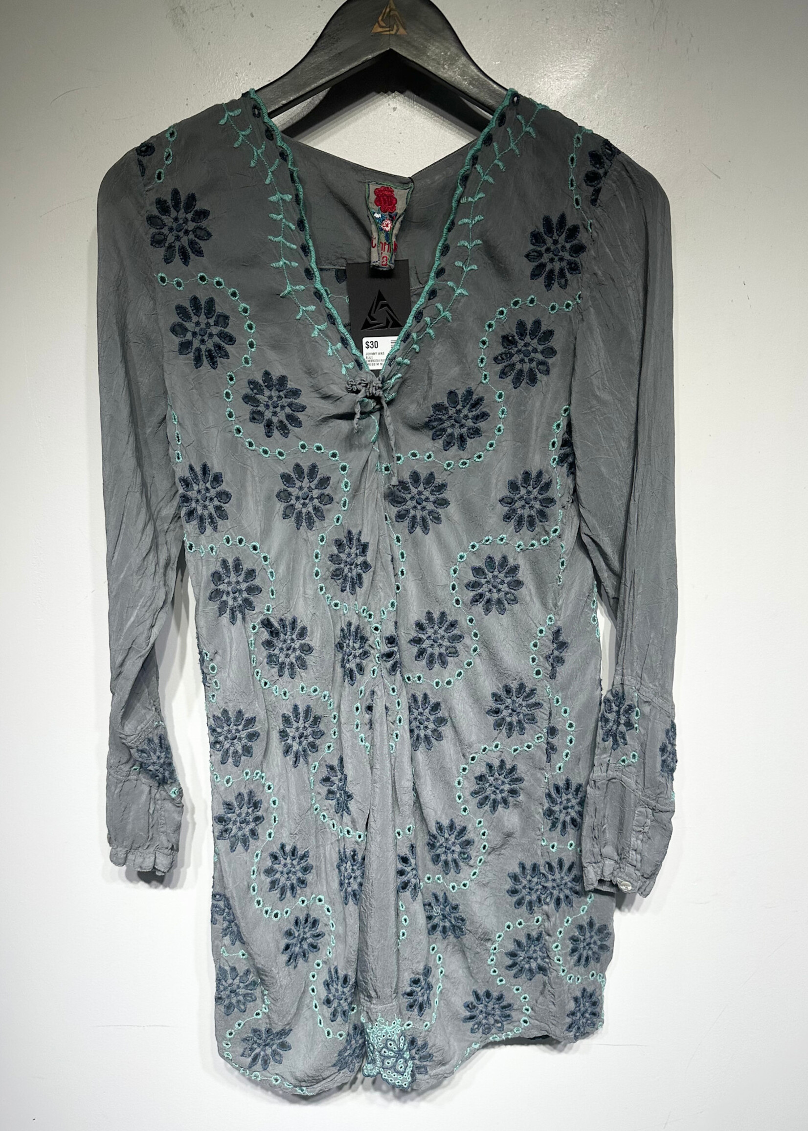 JOHNNY WAS BLUE EMBRODIERED LS DRESS M