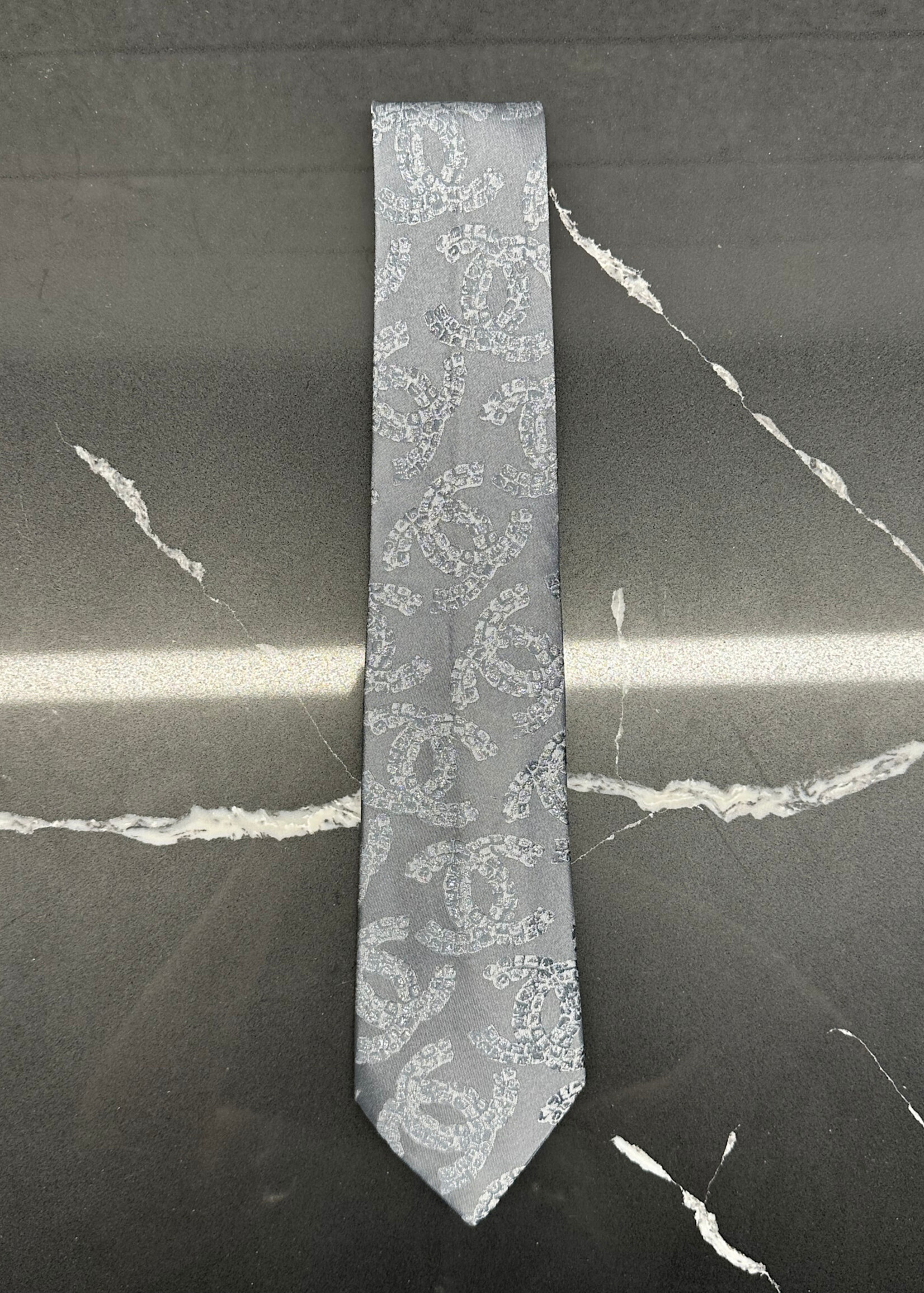 Chanel Grey Silk Large Logo Tie
