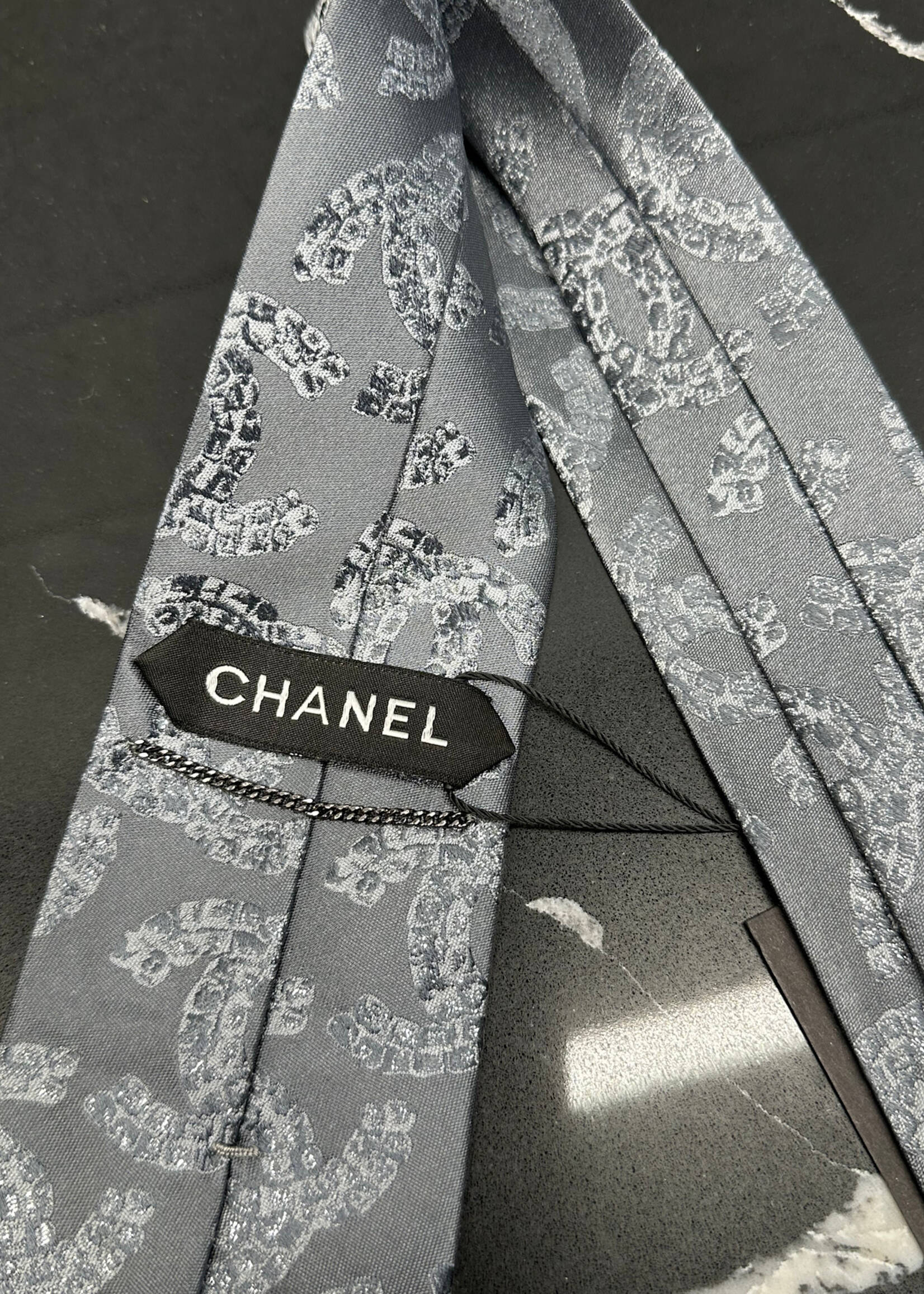 Chanel Grey Silk Large Logo Tie