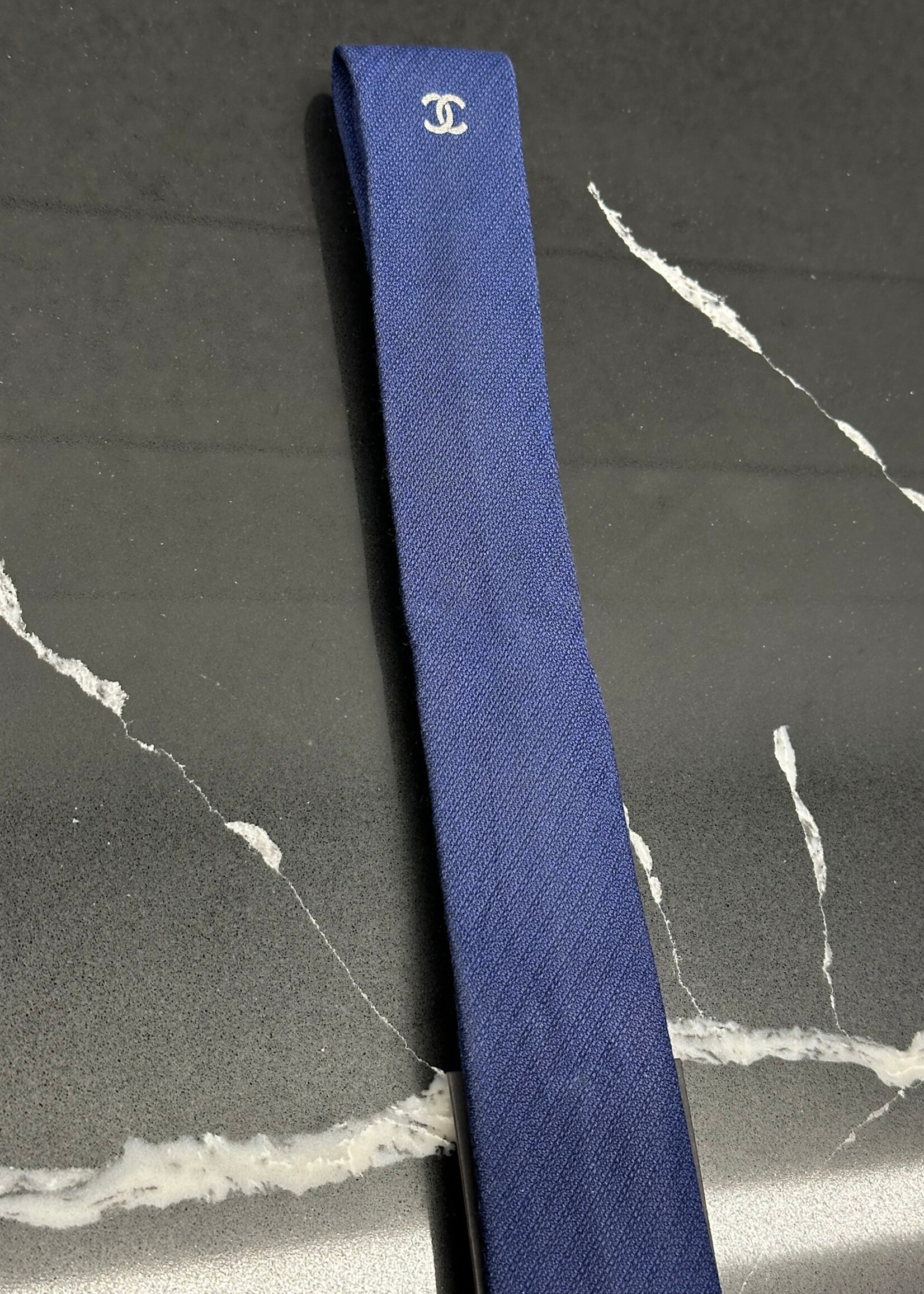 Chanel Navy Skinny Logo Tie As Is