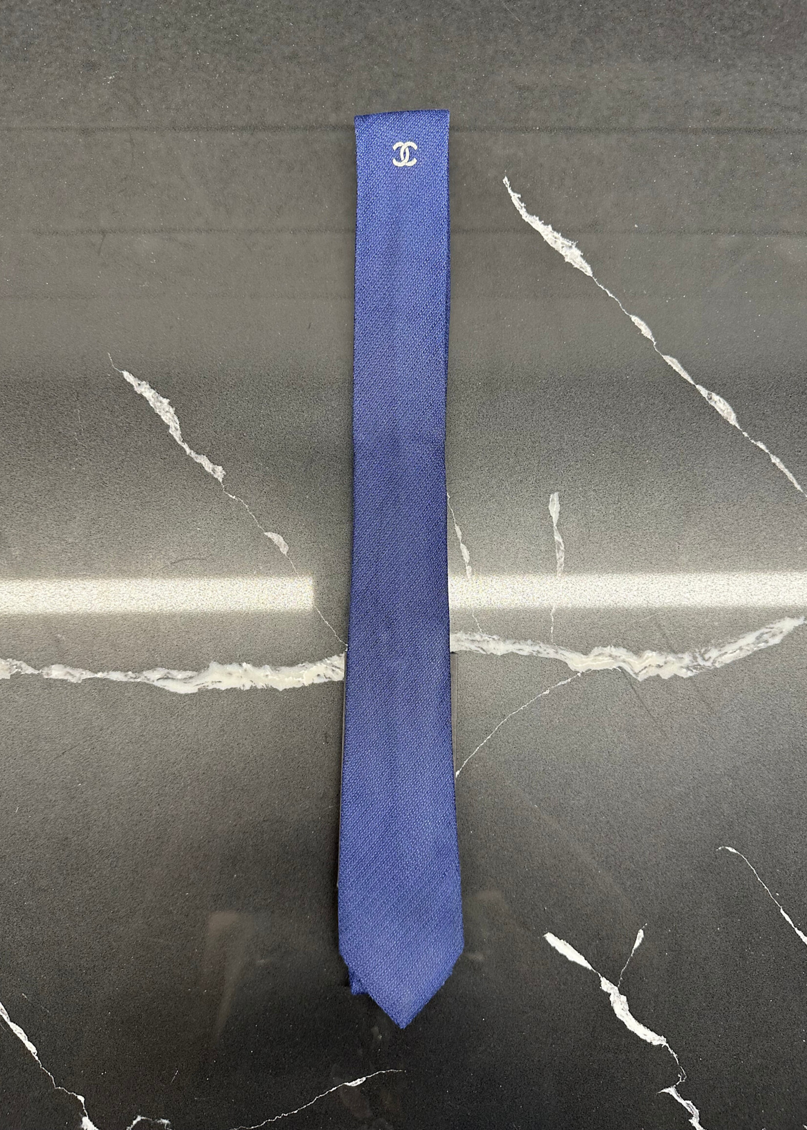Chanel Navy Skinny Logo Tie As Is